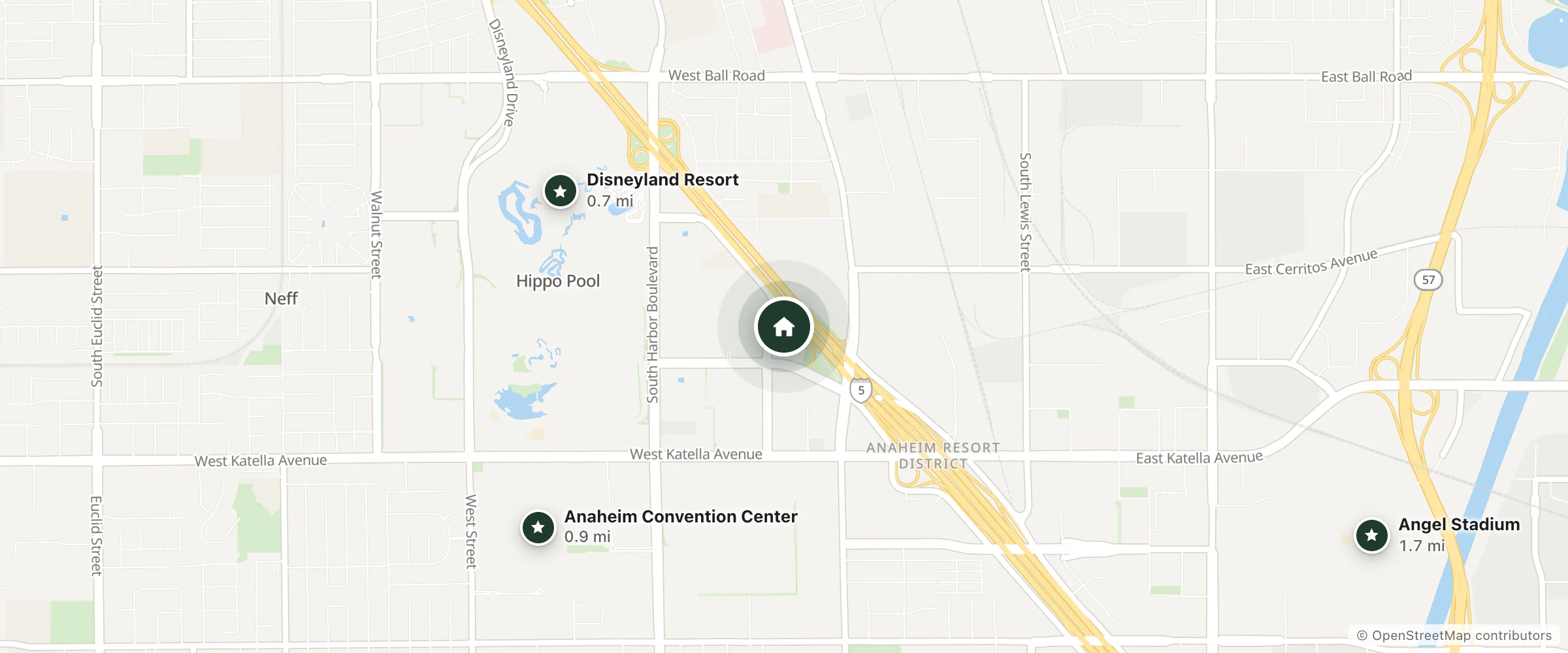 Map of Element and nearby Disneyland Resort, Anaheim Convention Center and Angel Stadium