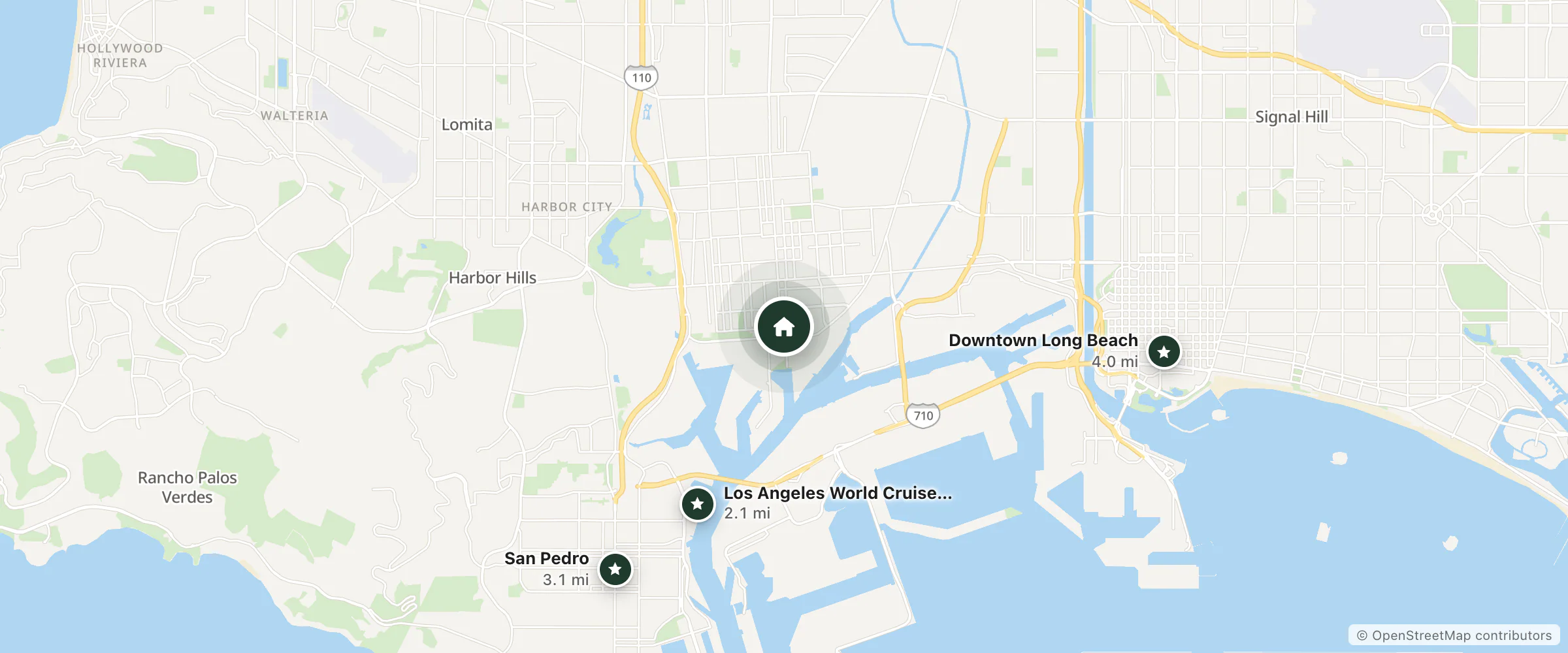 Map of Anchor Pointe Inn and nearby Los Angeles World Cruise Center, San Pedro and Downtown Long Beach