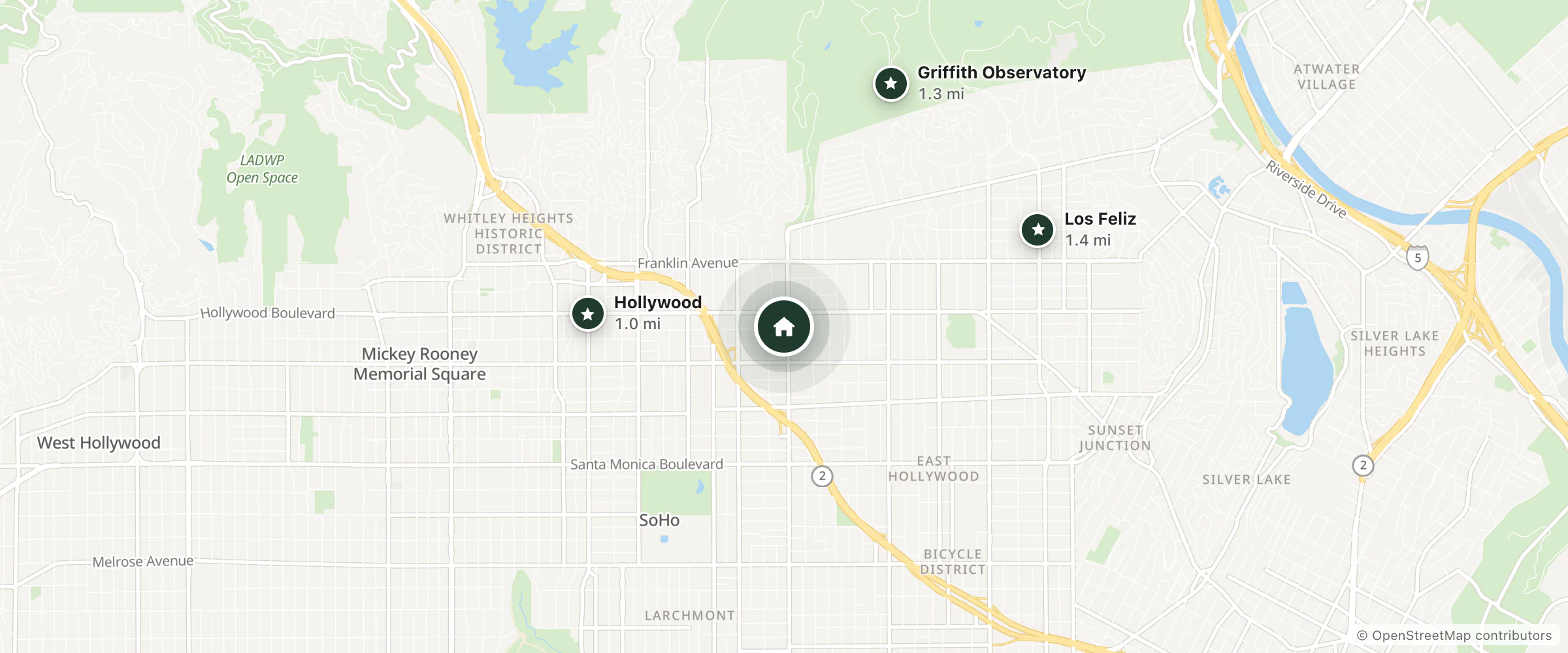 Map of Roxy Hotel and nearby Hollywood, Griffith Observatory and Los Feliz