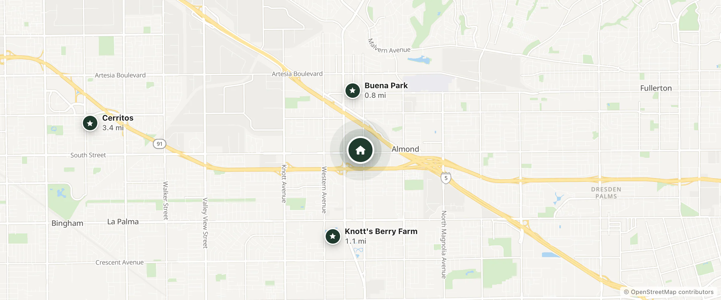 Map of SureStay and nearby Buena Park, Knott's Berry Farm and Cerritos