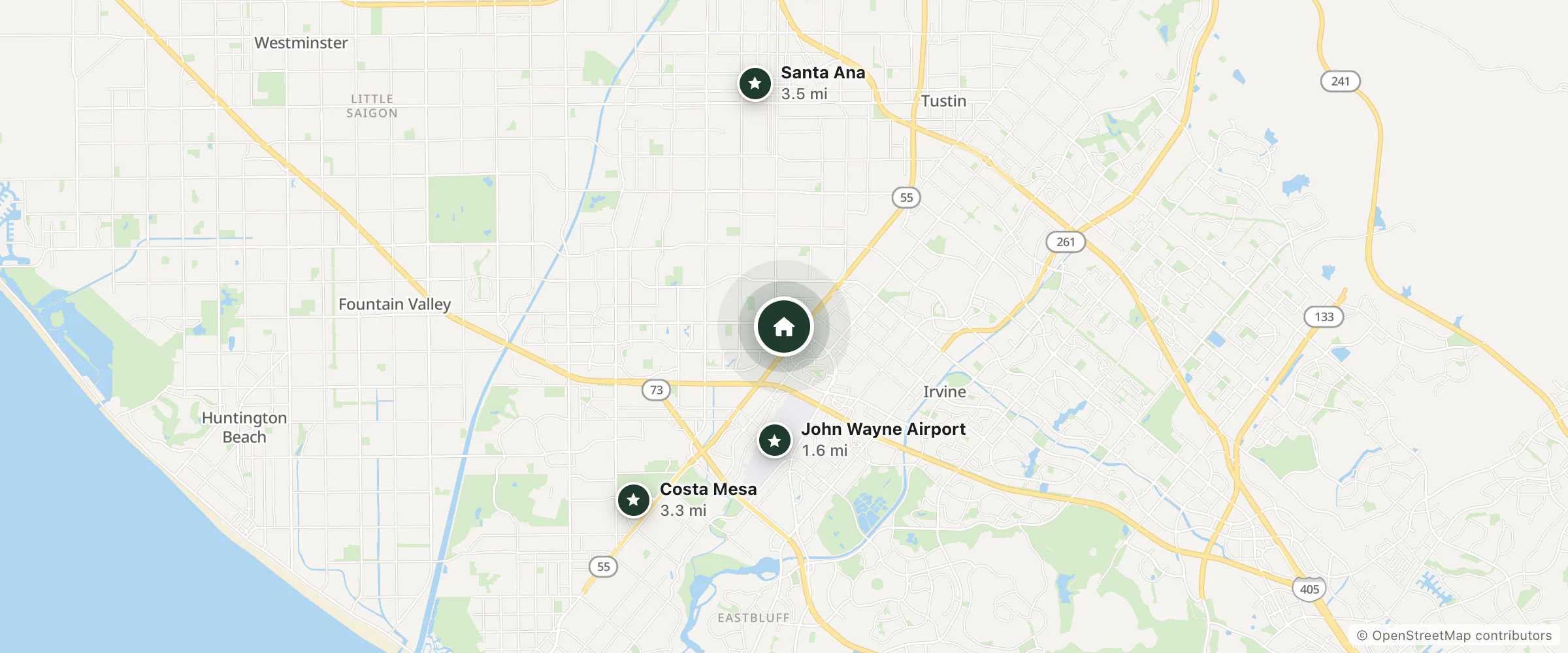Map of Courtyard By Marriott and nearby John Wayne Airport, Costa Mesa and Santa Ana