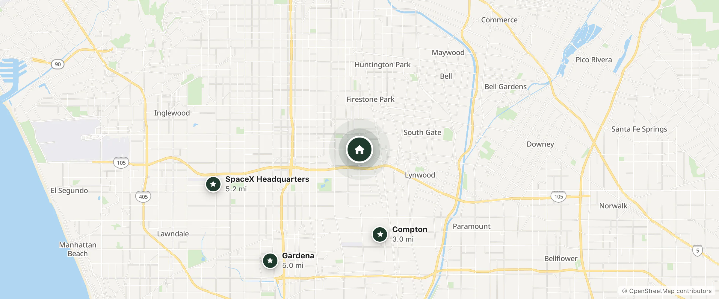 Map of Hills Villa Motel and nearby Compton, Gardena and SpaceX Headquarters