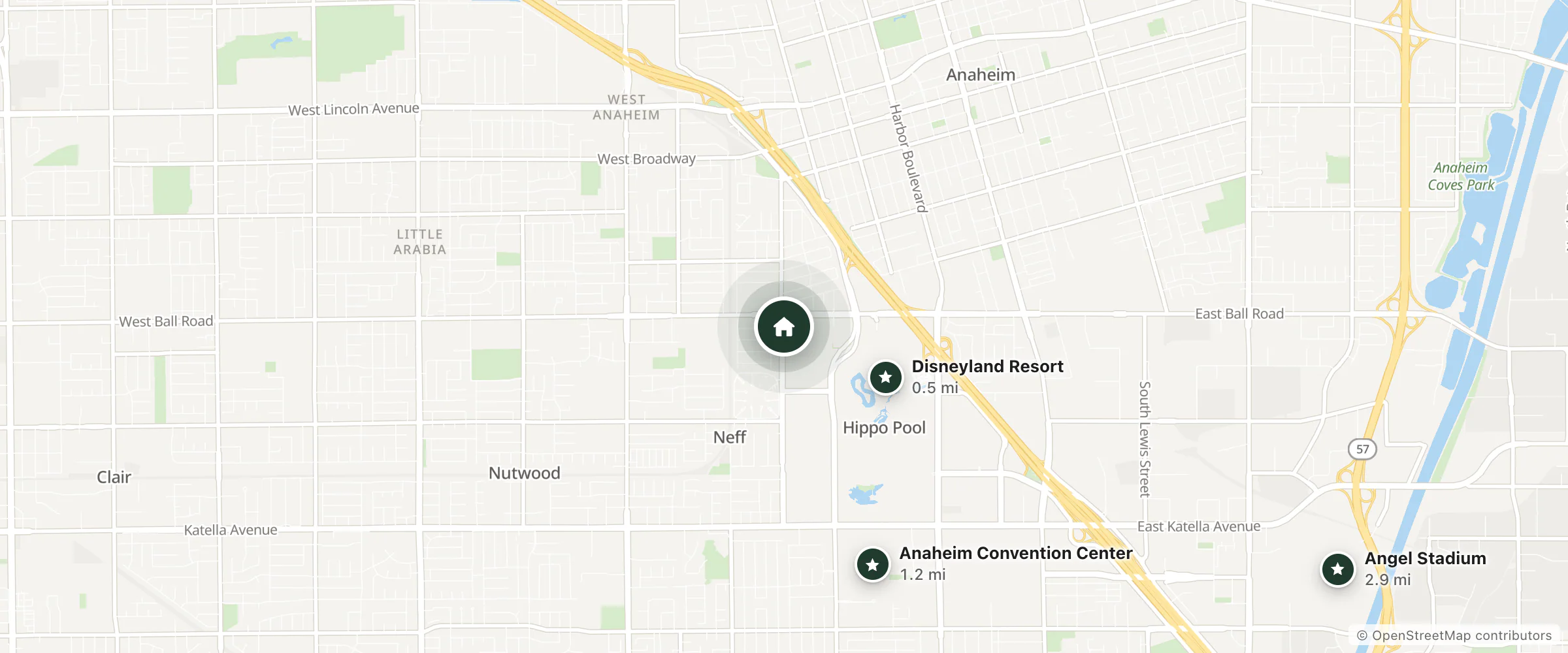 Map of SpringHill Suites and nearby Disneyland Resort, Anaheim Convention Center and Angel Stadium