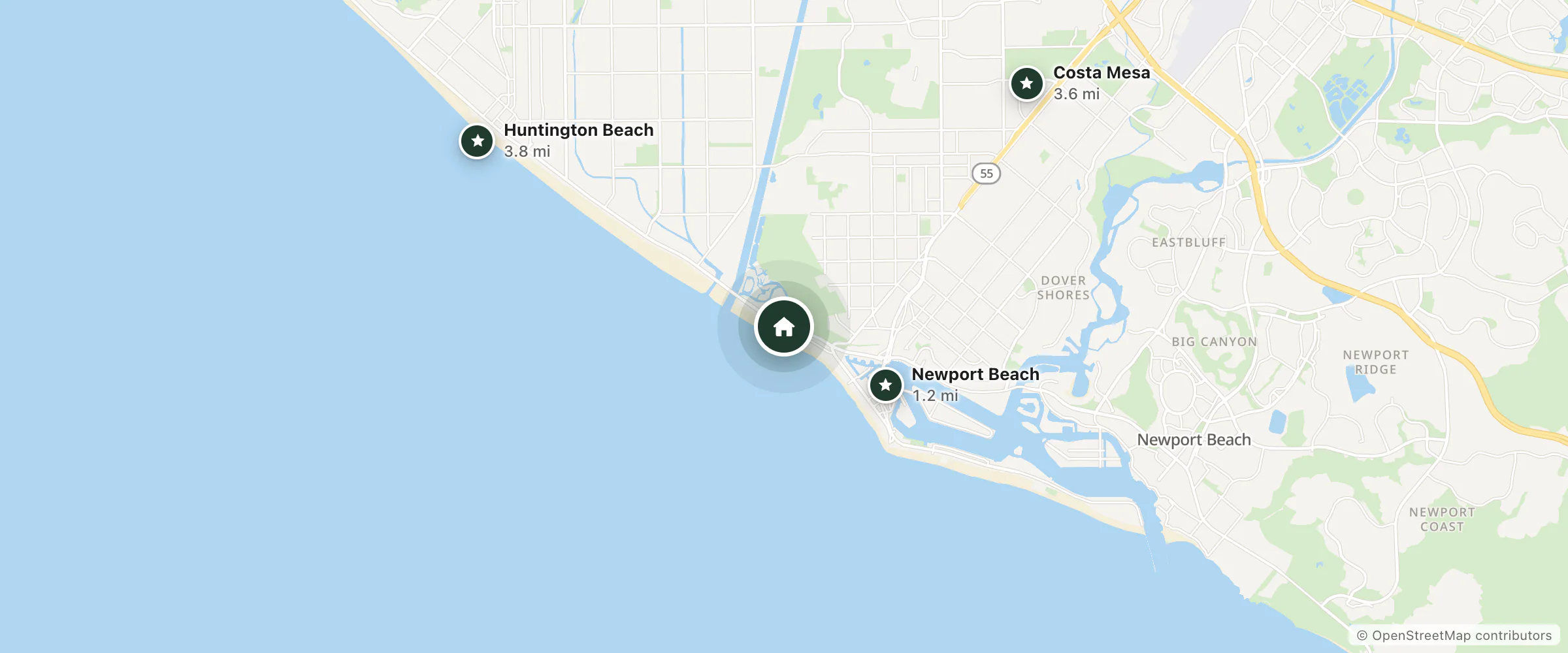 Map of Newport Channel Inn and nearby Newport Beach, Costa Mesa and Huntington Beach