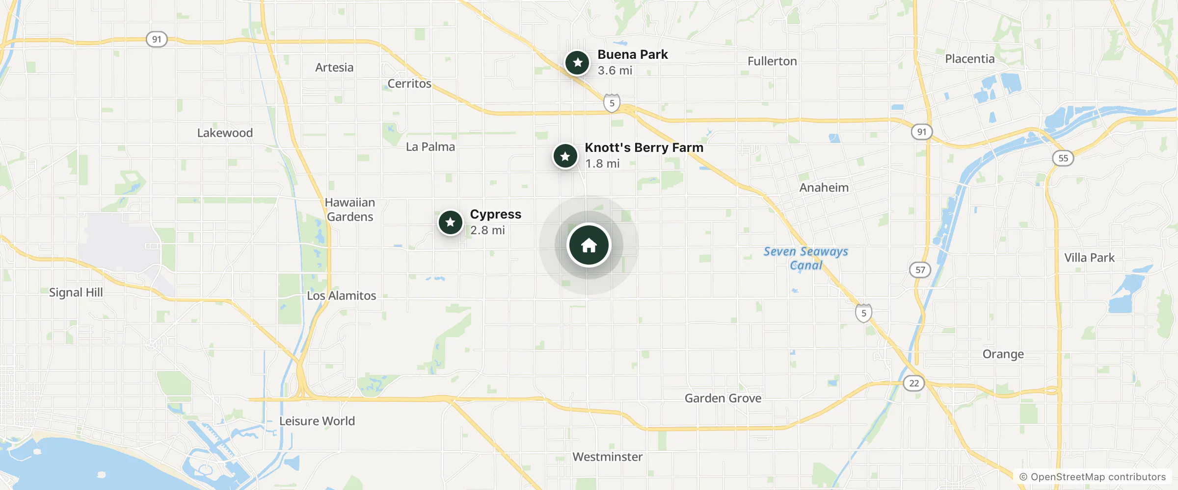 Map of Shadow Park Inn and Suites and nearby Knott's Berry Farm, Cypress and Buena Park
