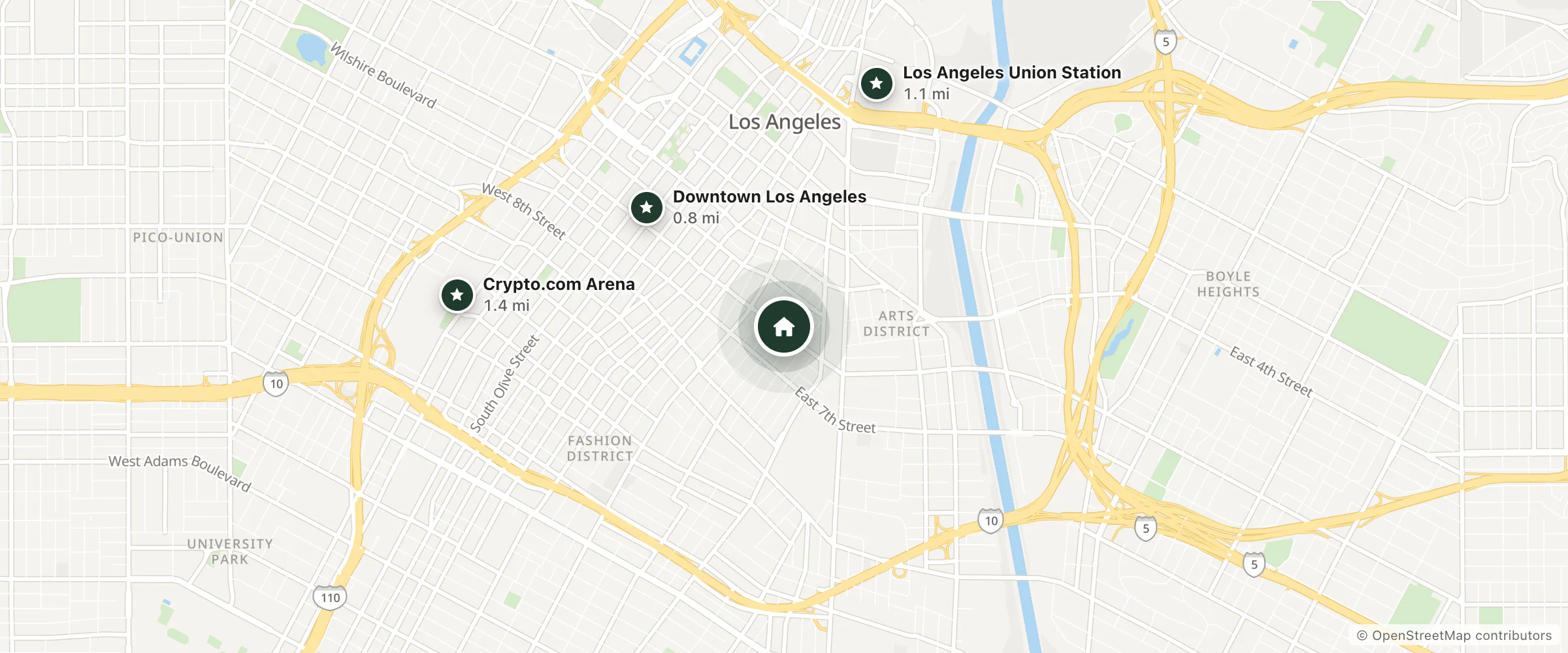 Map of La Jolla Hotel and nearby Downtown Los Angeles, Los Angeles Union Station and Crypto.com Arena
