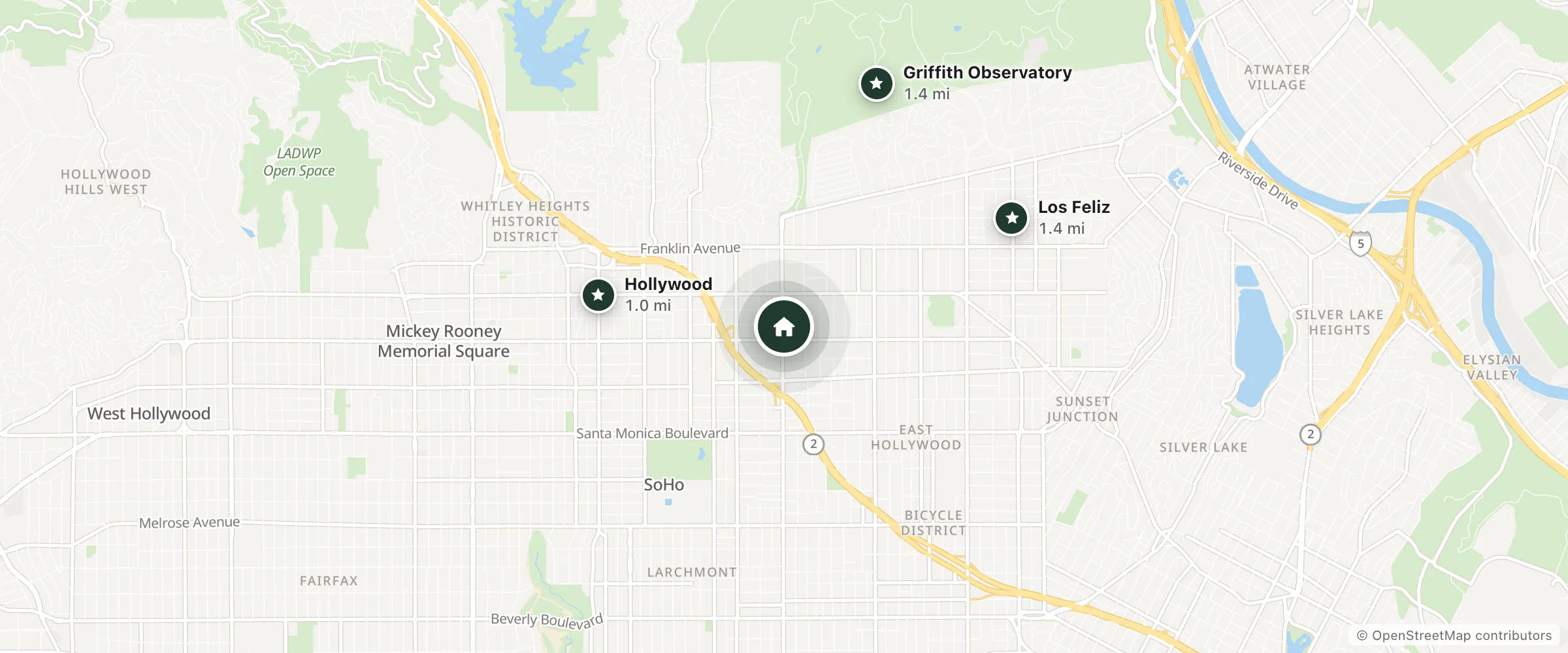 Map of Super 8 and nearby Hollywood, Los Feliz and Griffith Observatory