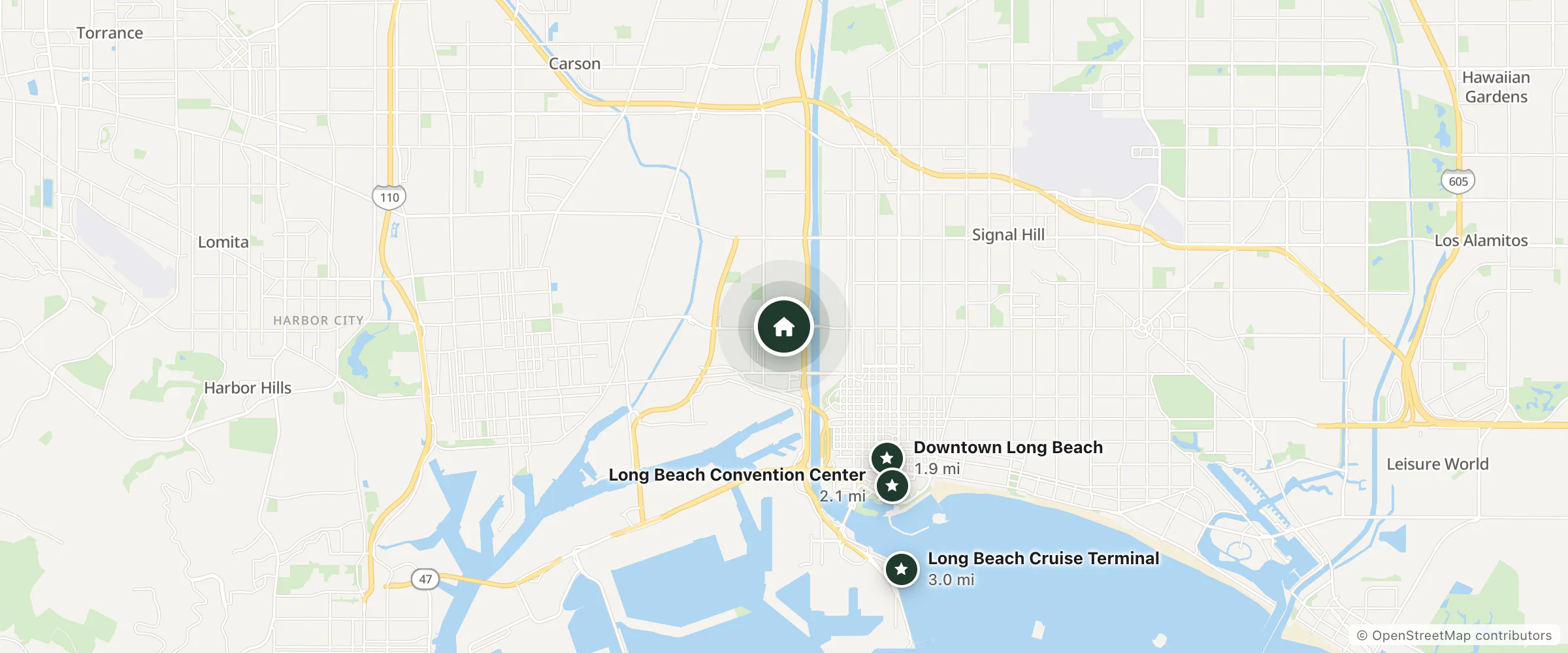 Map of Hyland Motel Long Beach and nearby Downtown Long Beach, Long Beach Convention Center and Long Beach Cruise Terminal