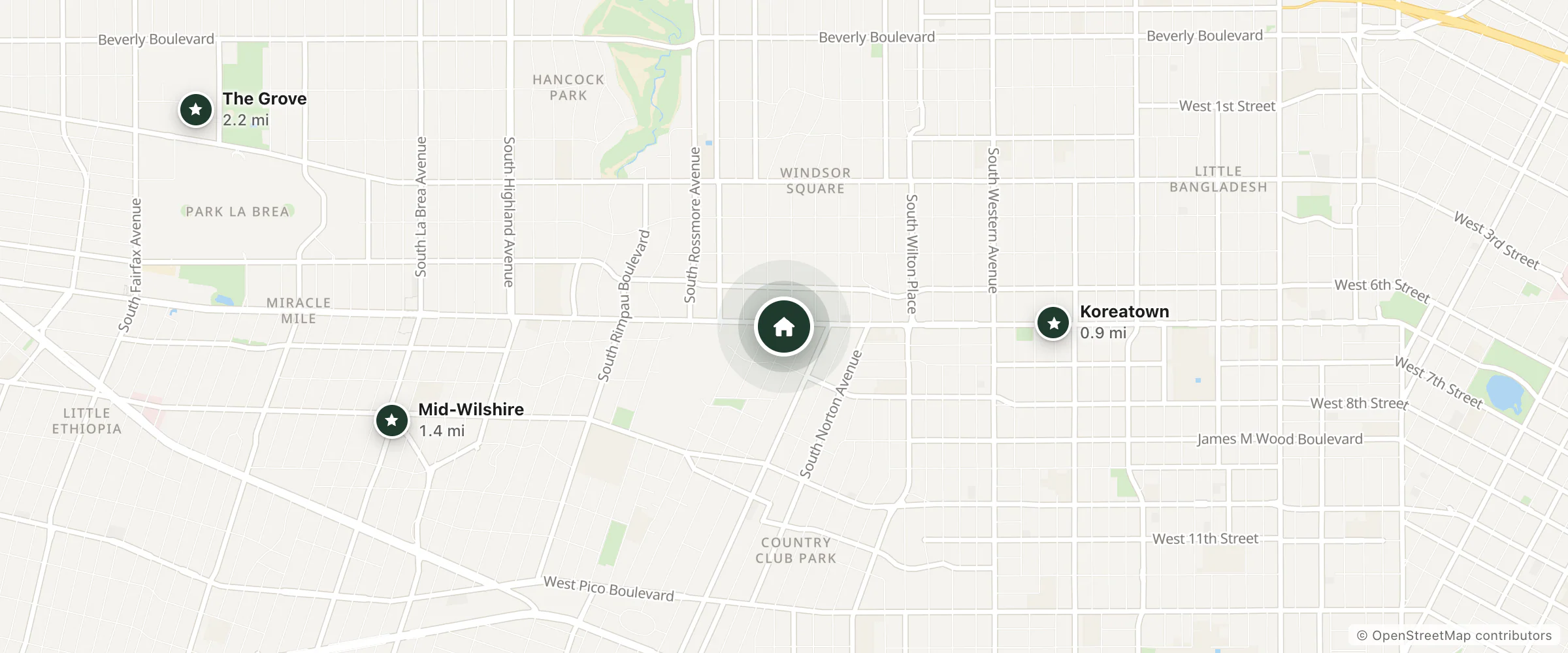 Map of Dunes Inn and nearby Koreatown, Mid-Wilshire and The Grove