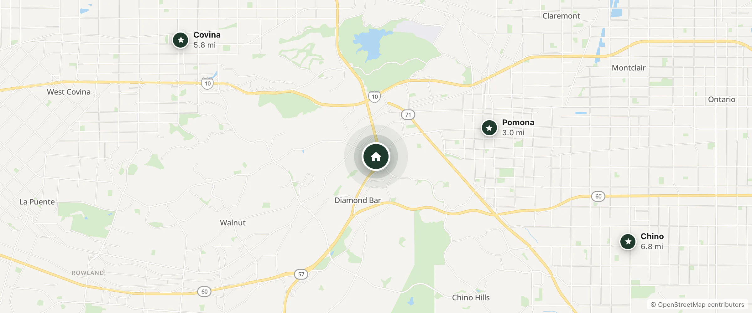 Map of Hilltop Suites Hotel and nearby Pomona, Covina and Chino