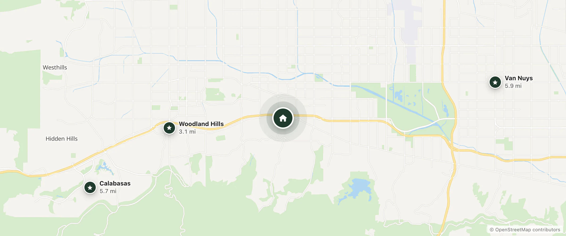 Map of Tarzana Inn and nearby Woodland Hills, Calabasas and Van Nuys
