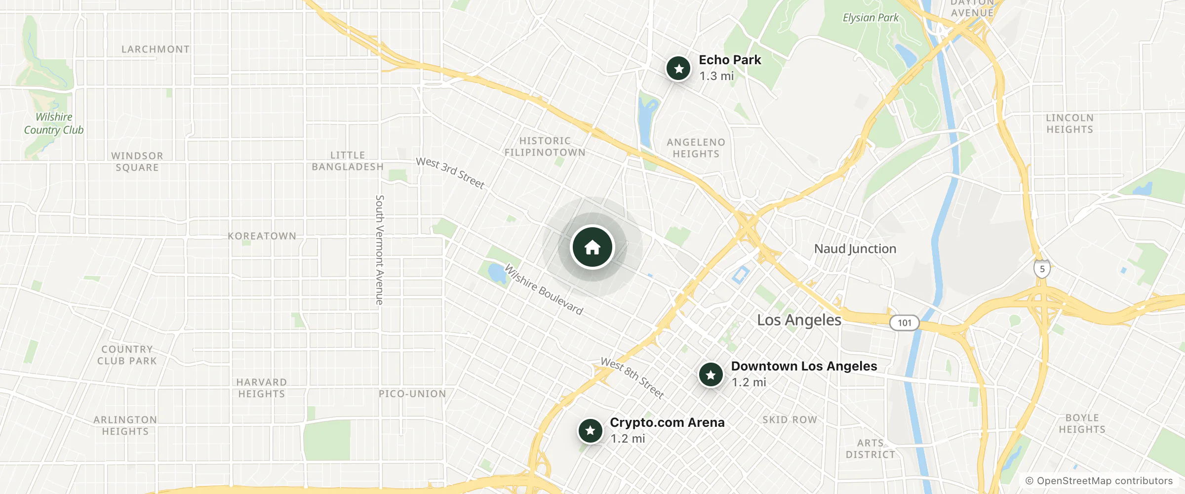 Map of Holiday Lodge and nearby Downtown Los Angeles, Crypto.com Arena and Echo Park