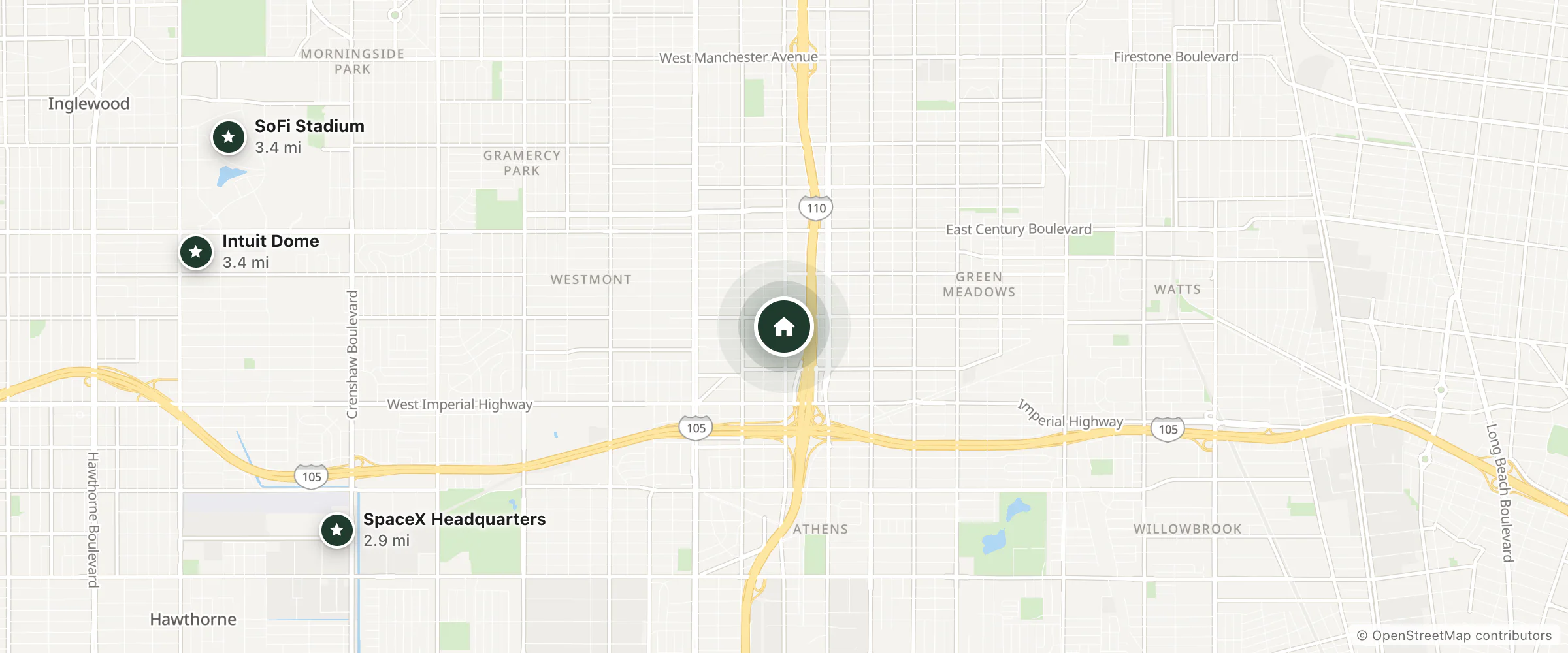 Map of Lazy B Motel and nearby SpaceX Headquarters, SoFi Stadium and Intuit Dome