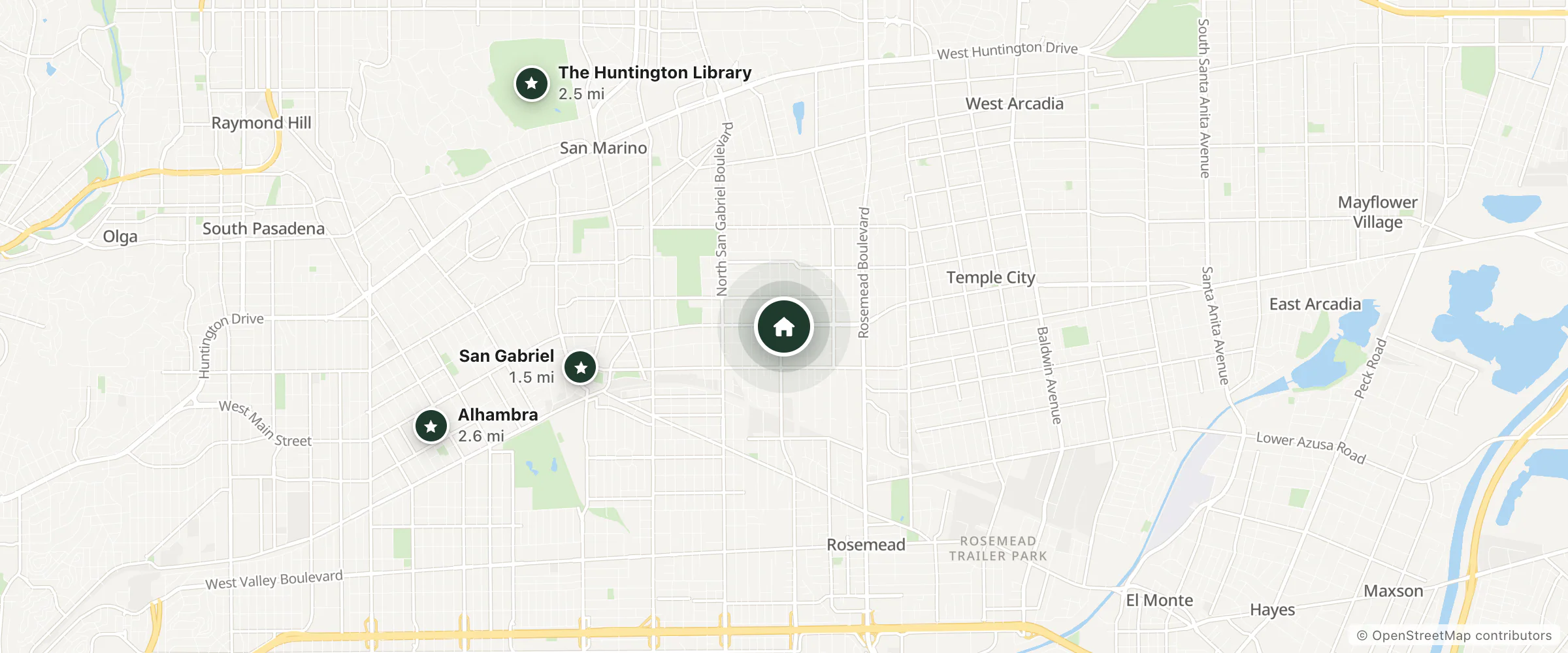 Map of New Century Inn and nearby San Gabriel, The Huntington Library and Alhambra