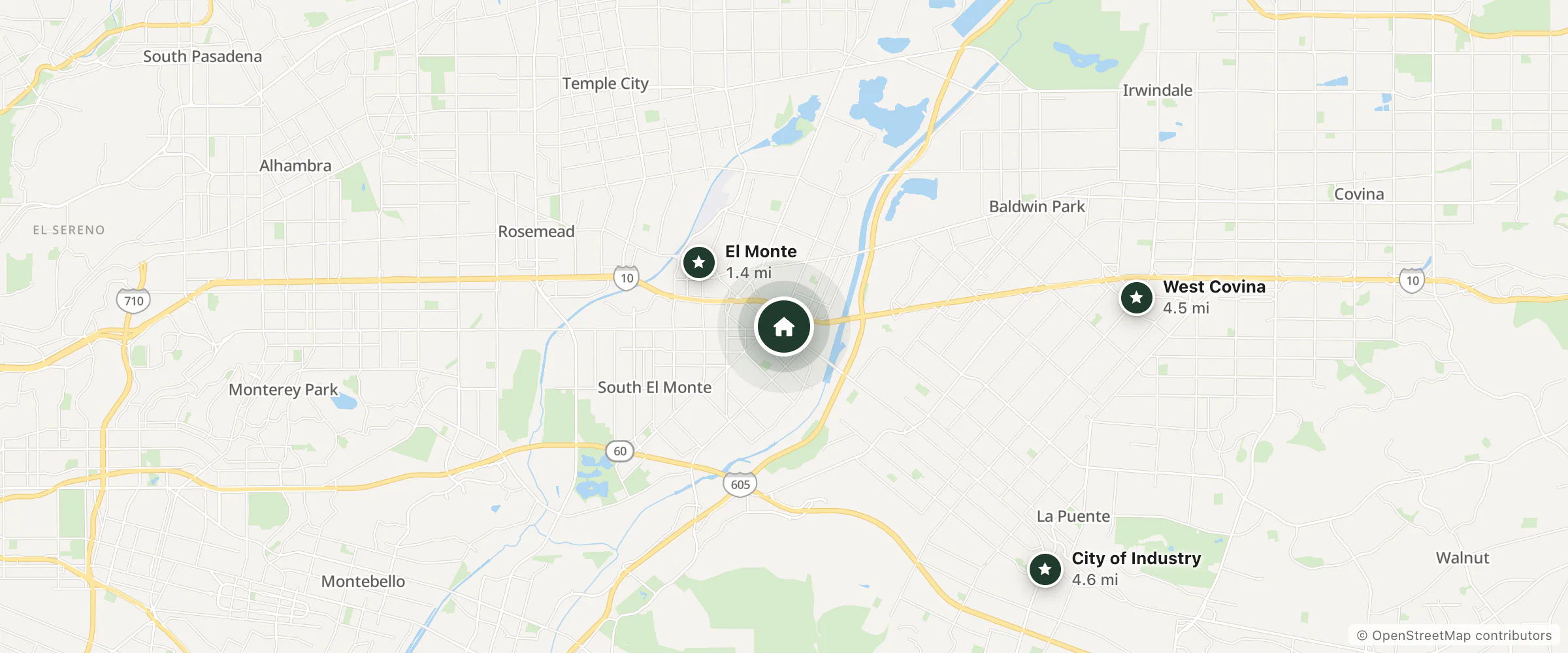 Map of Aqua Inn Motel and nearby El Monte, West Covina and City of Industry