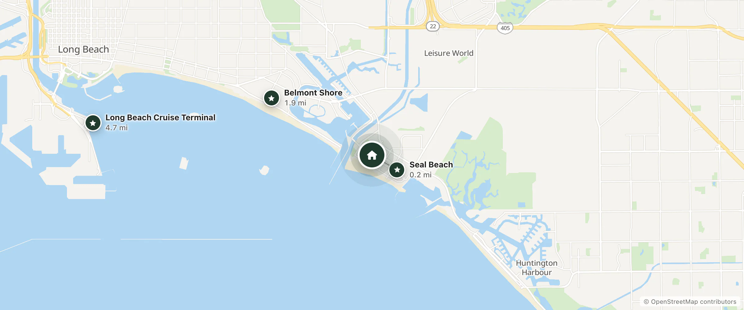 Map of Seal Beach Inn & Gardens and nearby Seal Beach, Belmont Shore and Long Beach Cruise Terminal