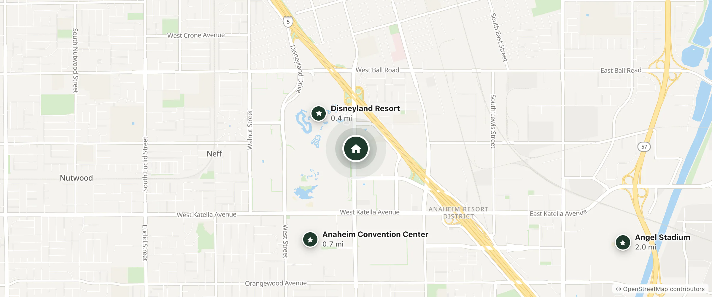 Map of Tropicana Inn & Suites and nearby Disneyland Resort, Anaheim Convention Center and Angel Stadium
