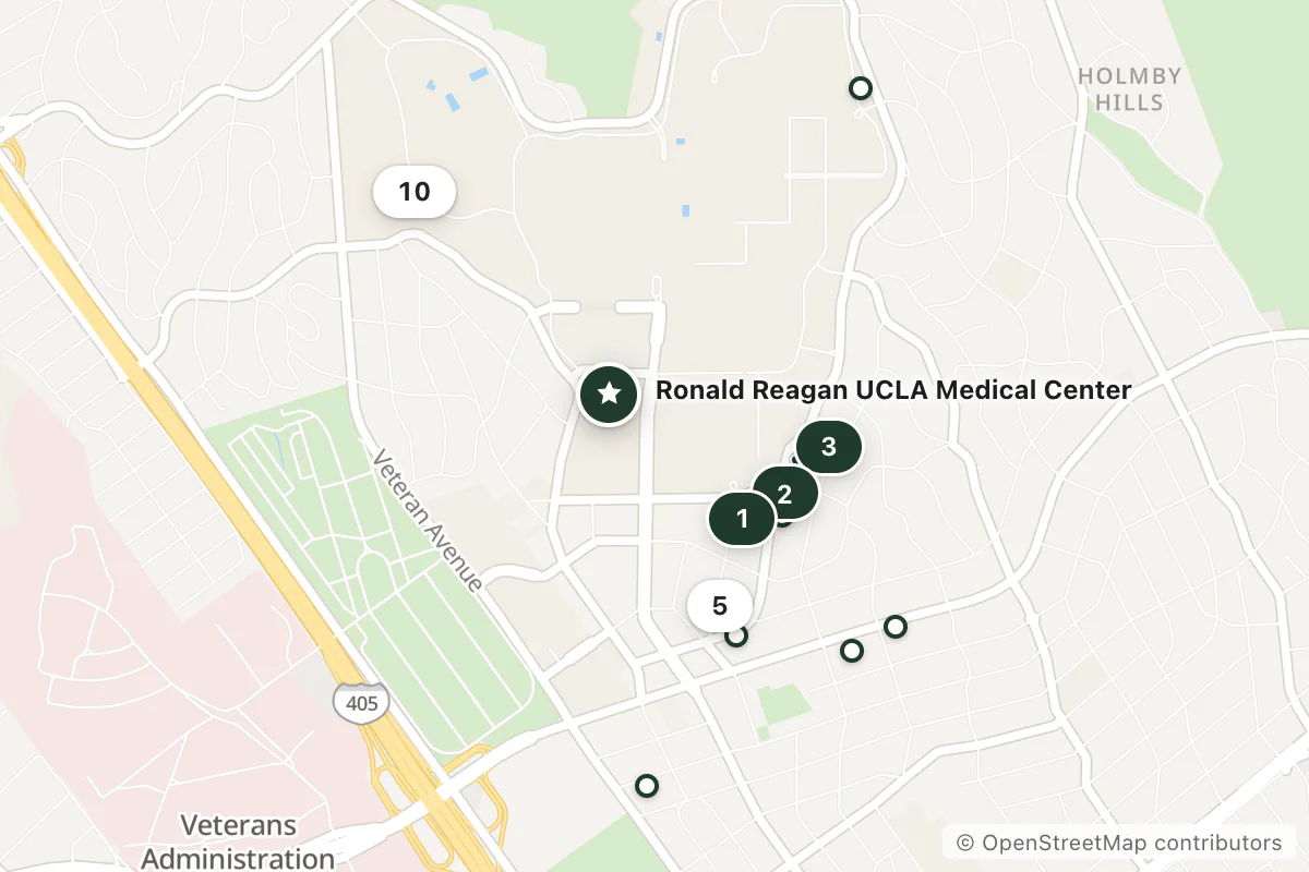 Map of the top 14 hotels for this question around Ronald Reagan UCLA Medical Center