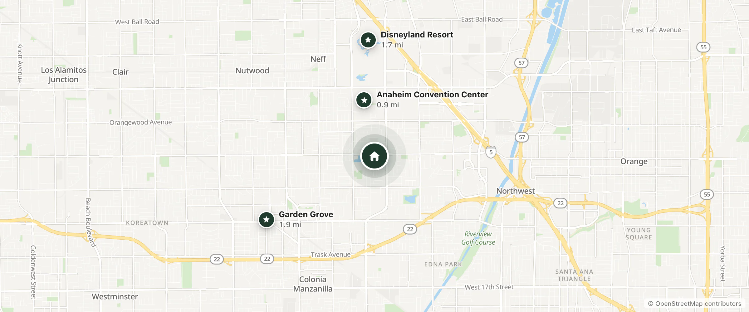 Map of Homewood Suites By Hilton Anaheim-main Gate Area and nearby Anaheim Convention Center, Disneyland Resort and Garden Grove