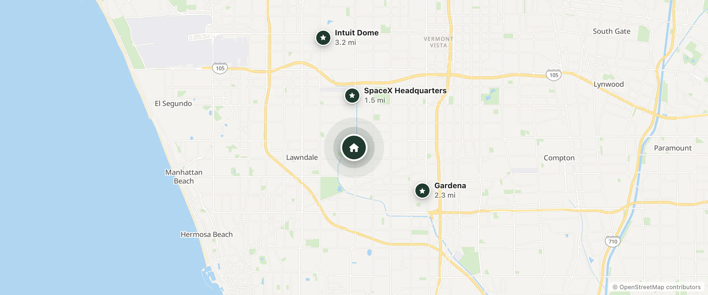 Map of Motel 6 Gardena, Ca and nearby SpaceX Headquarters, Gardena and Intuit Dome