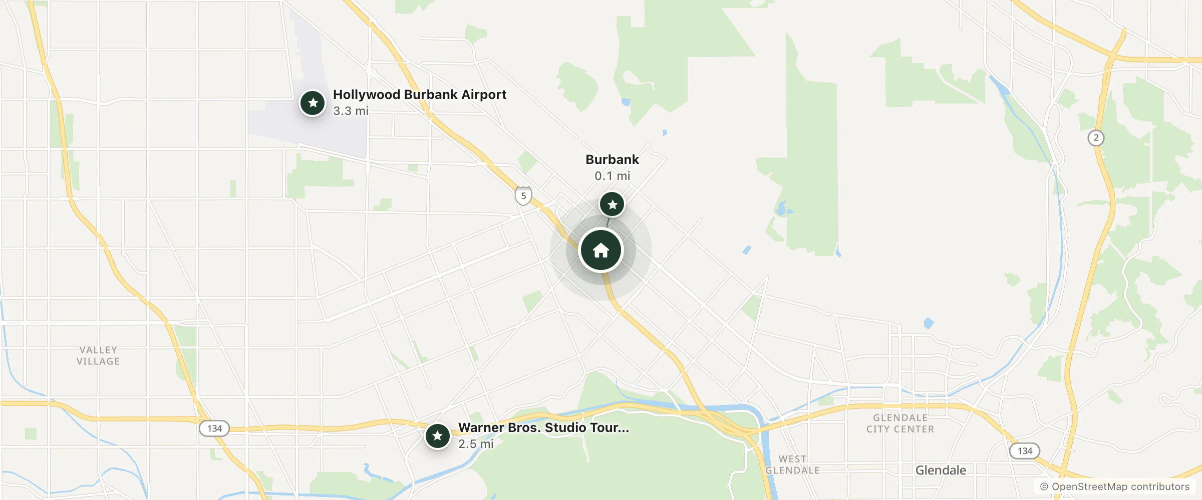 Map of OSO and nearby Burbank, Warner Bros. Studio Tour Hollywood and Hollywood Burbank Airport
