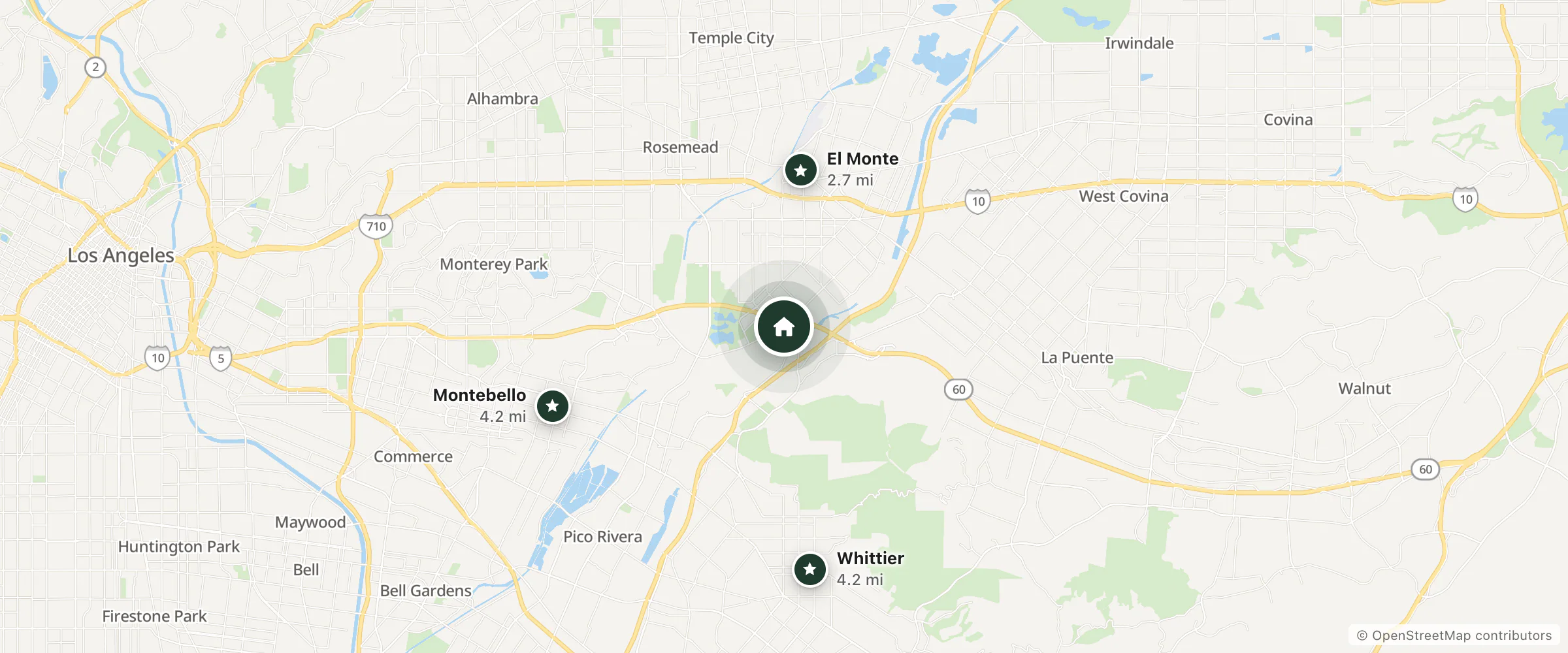 Map of Sierra Inn and nearby El Monte, Whittier and Montebello