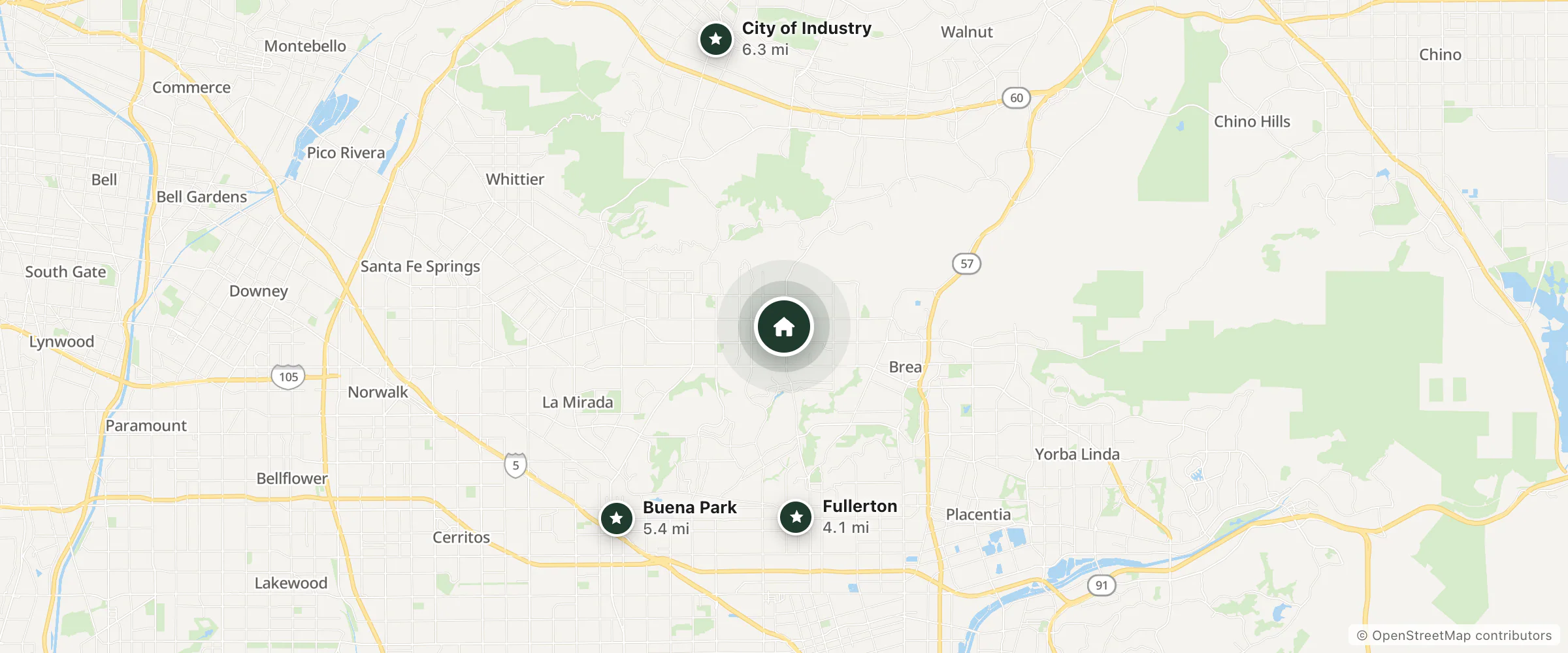 Map of Vagabond Inn La Habra and nearby Fullerton, Buena Park and City of Industry
