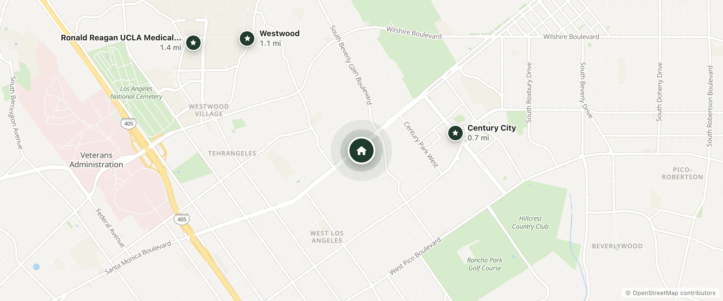 Map of K Hotels Collection and nearby Century City, Westwood and Ronald Reagan UCLA Medical Center