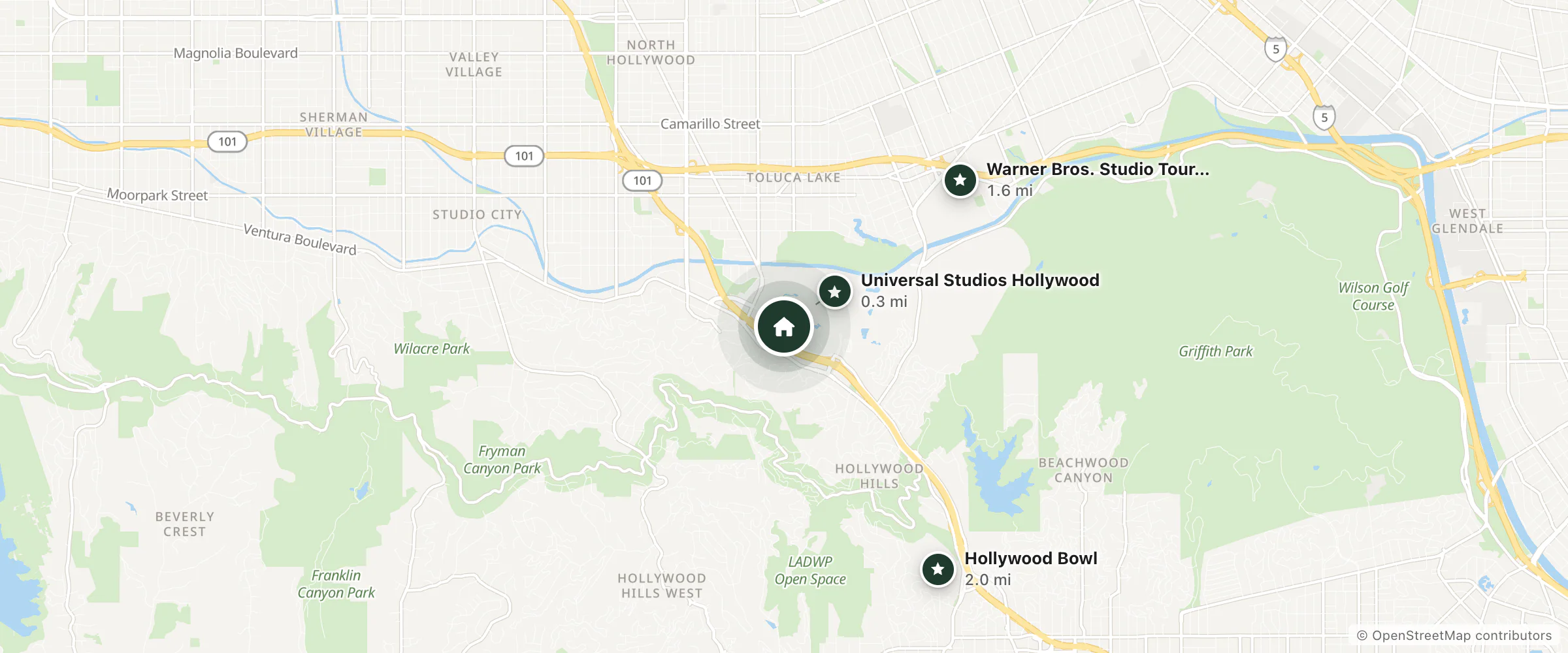 Map of Hilton Los Angeles/Universal City and nearby Universal Studios Hollywood, Warner Bros. Studio Tour Hollywood and Hollywood Bowl