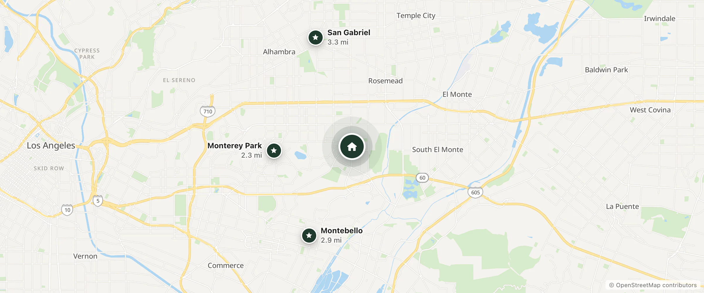 Map of Friendly Inn and nearby Monterey Park, Montebello and San Gabriel