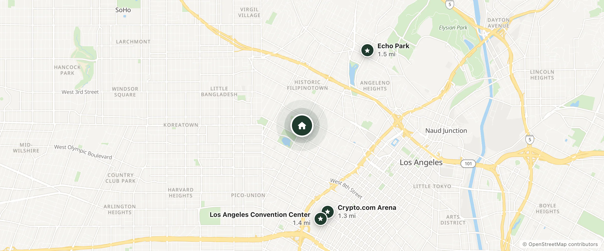 Map of Hollywood Delux Inn and nearby Crypto.com Arena, Los Angeles Convention Center and Echo Park