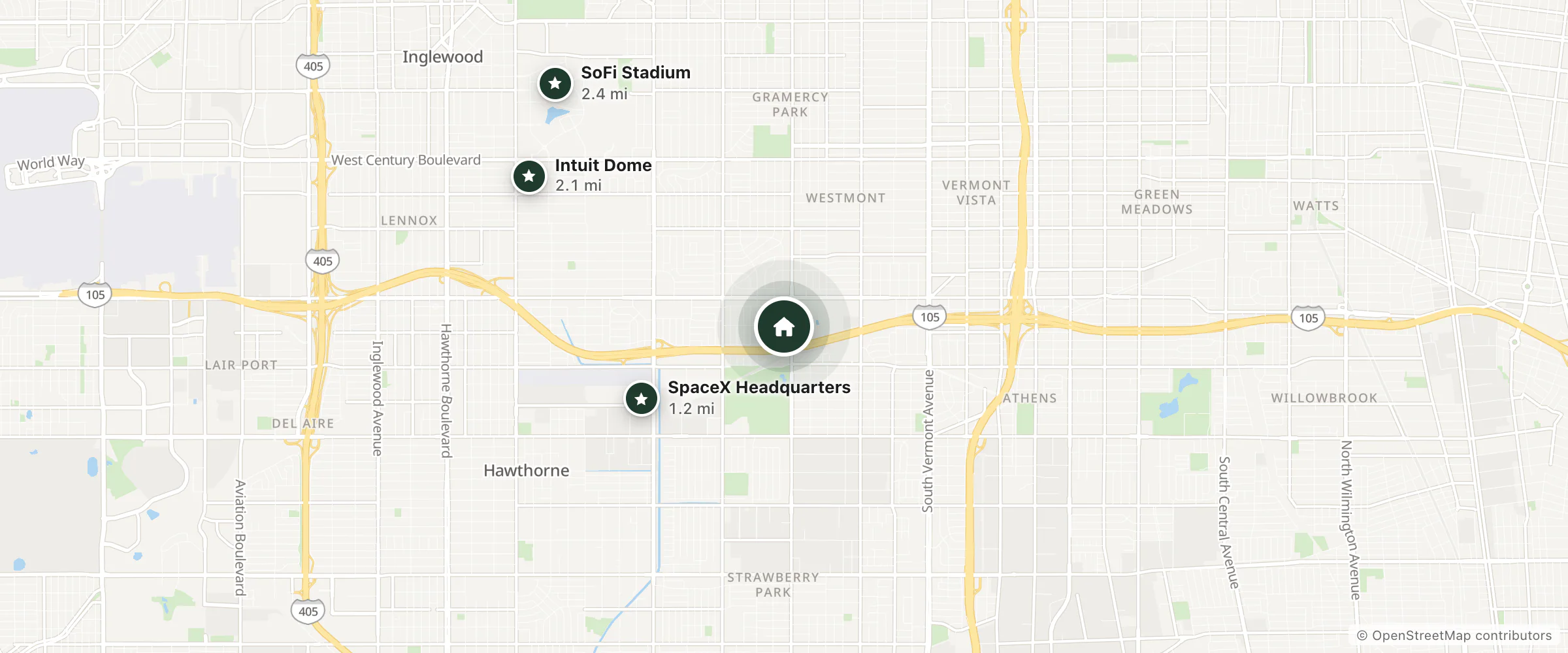 Map of Los Angeles Inn and Suites and nearby SpaceX Headquarters, Intuit Dome and SoFi Stadium