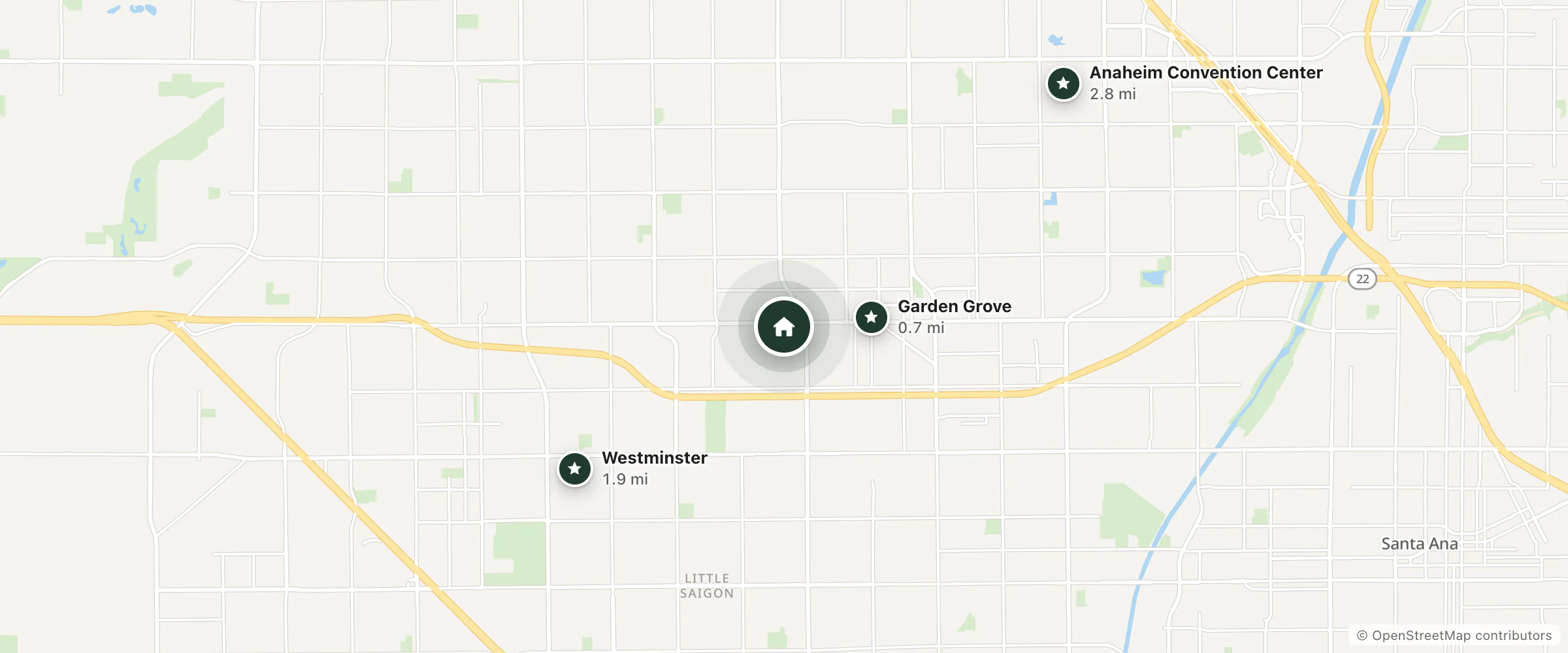 Map of Ramada Plaza and nearby Garden Grove, Westminster and Anaheim Convention Center