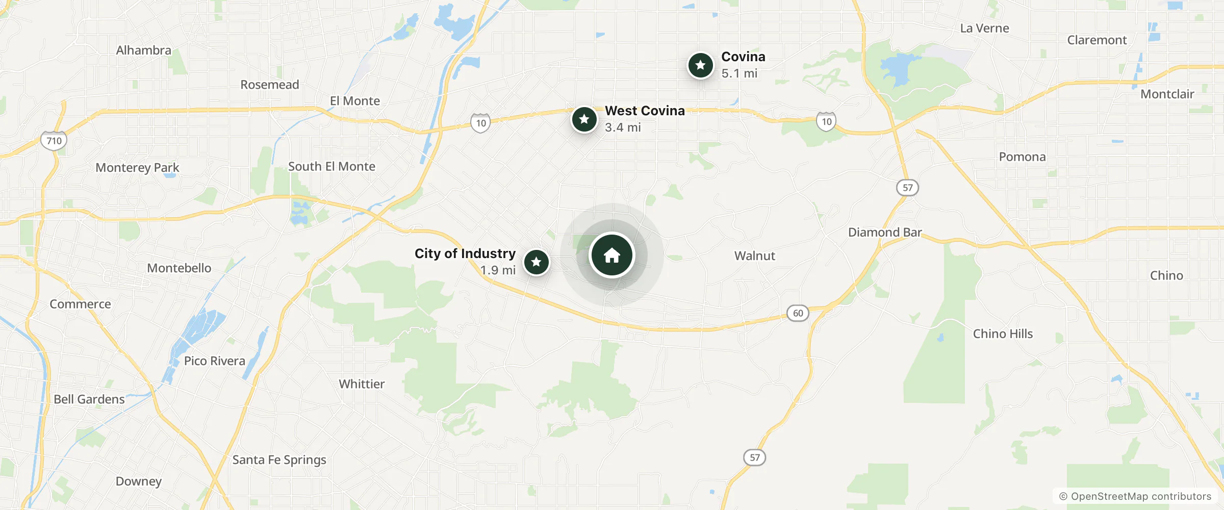 Map of Pacific Palms Resort and nearby City of Industry, West Covina and Covina