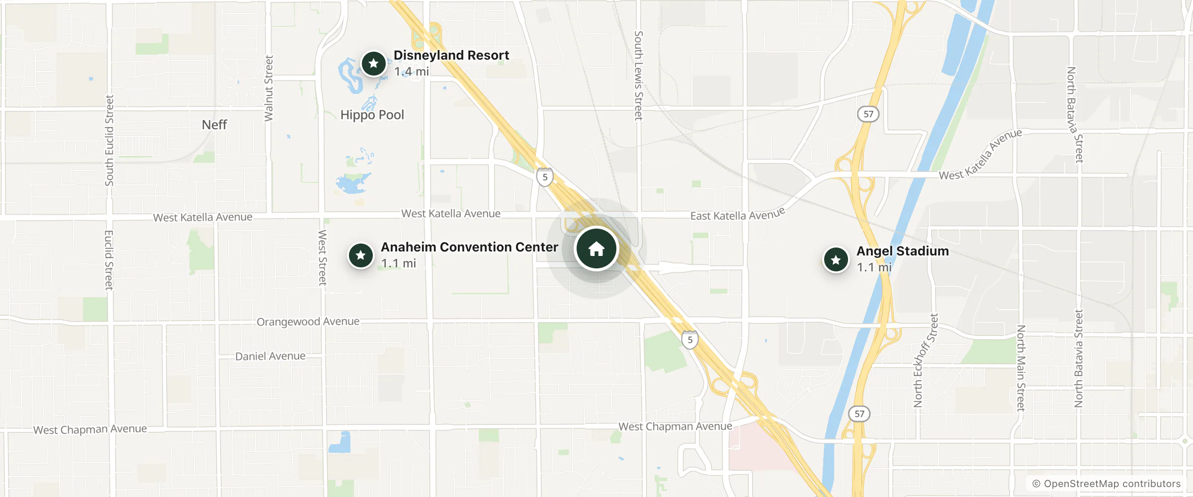Map of Sonesta ES Suites Anaheim Resort Area and nearby Anaheim Convention Center, Angel Stadium and Disneyland Resort