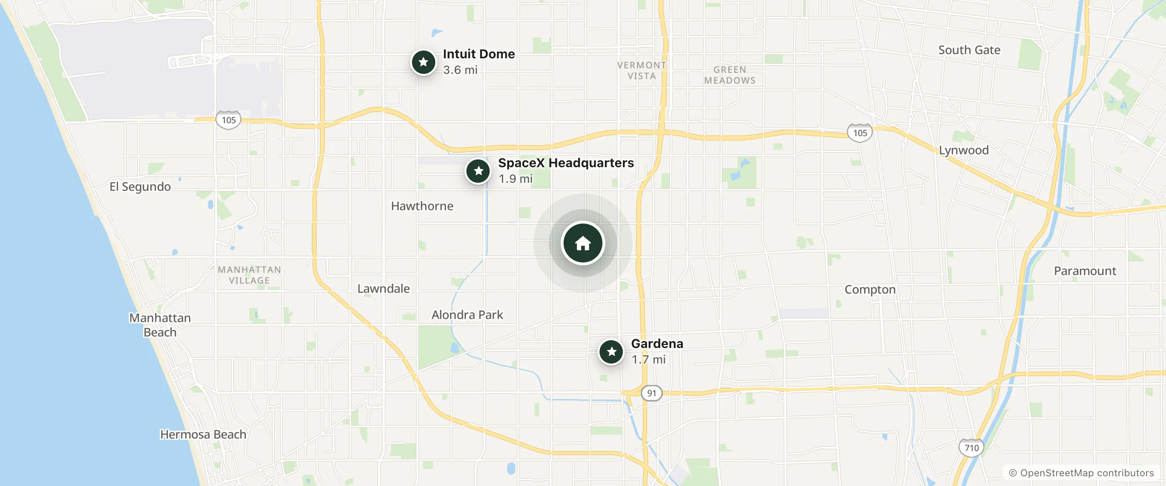 Map of Poinsettia Gardens Apartment Motel and nearby Gardena, SpaceX Headquarters and Intuit Dome