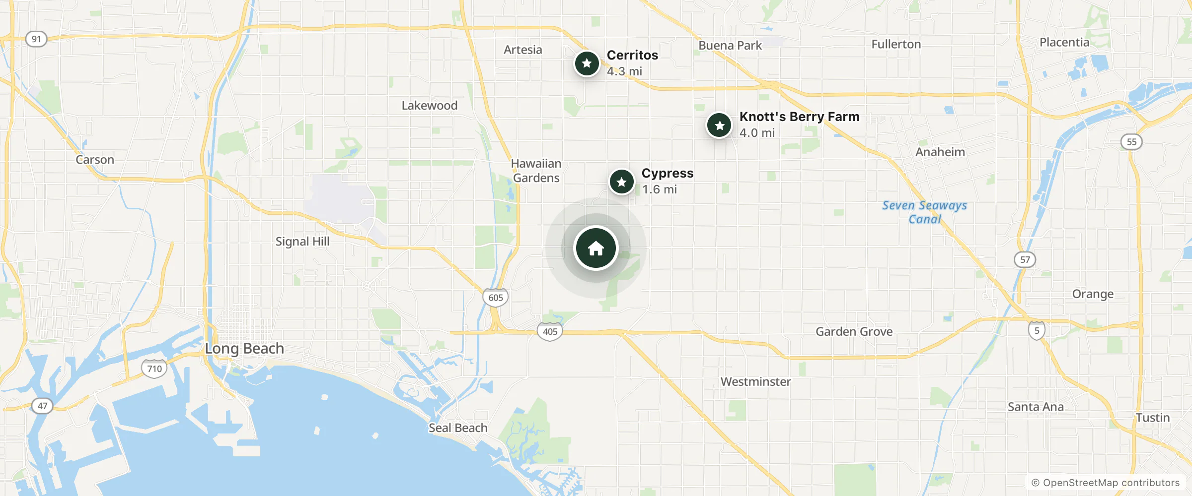 Map of Don's Turf Motel and nearby Cypress, Knott's Berry Farm and Cerritos