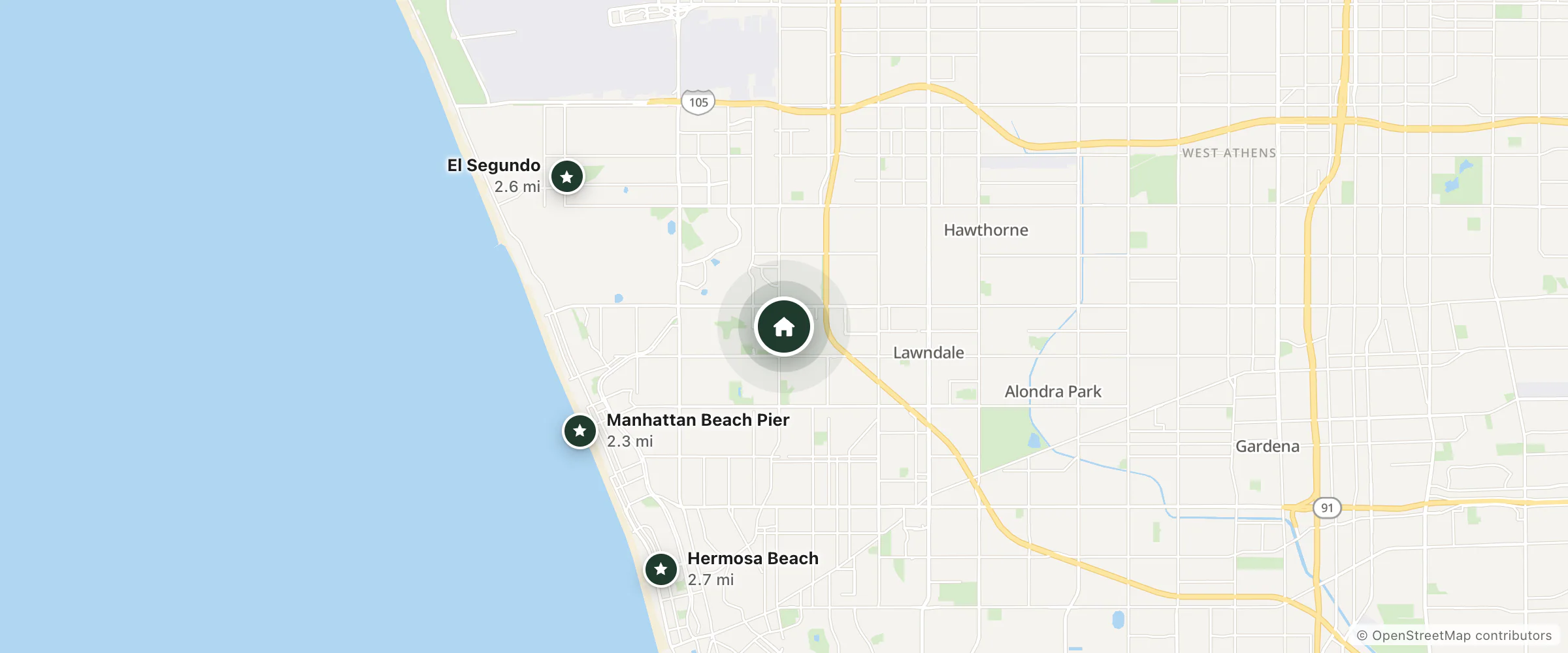 Map of SpringHill Suites and nearby Manhattan Beach Pier, El Segundo and Hermosa Beach