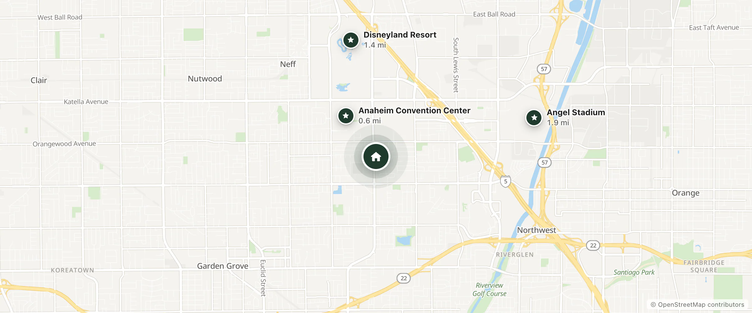 Map of Magnolia Tree Hotel and nearby Anaheim Convention Center, Disneyland Resort and Angel Stadium