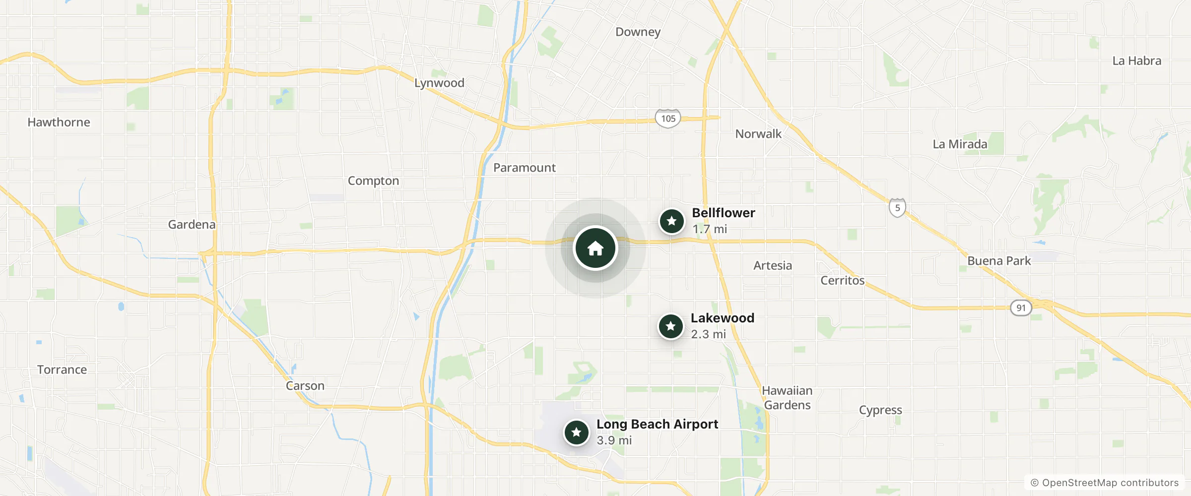 Map of Easy 8 Motel and nearby Bellflower, Lakewood and Long Beach Airport