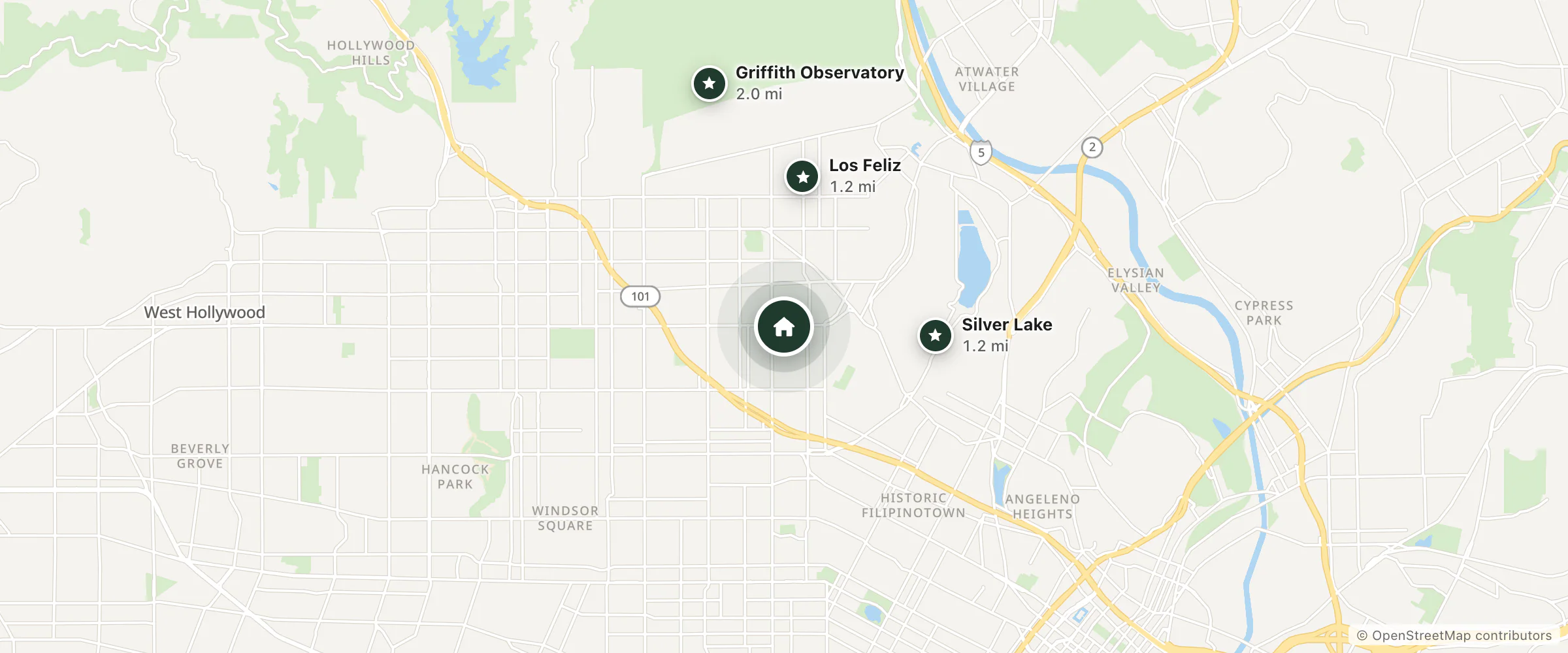 Map of College Hotel and nearby Los Feliz, Silver Lake and Griffith Observatory