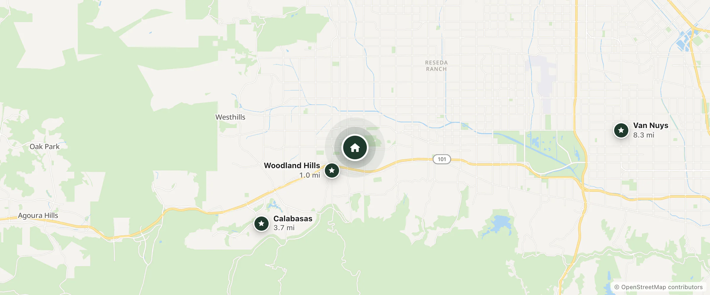 Map of Home2 Suites by Hilton Woodland Hills Los Angeles and nearby Woodland Hills, Calabasas and Van Nuys