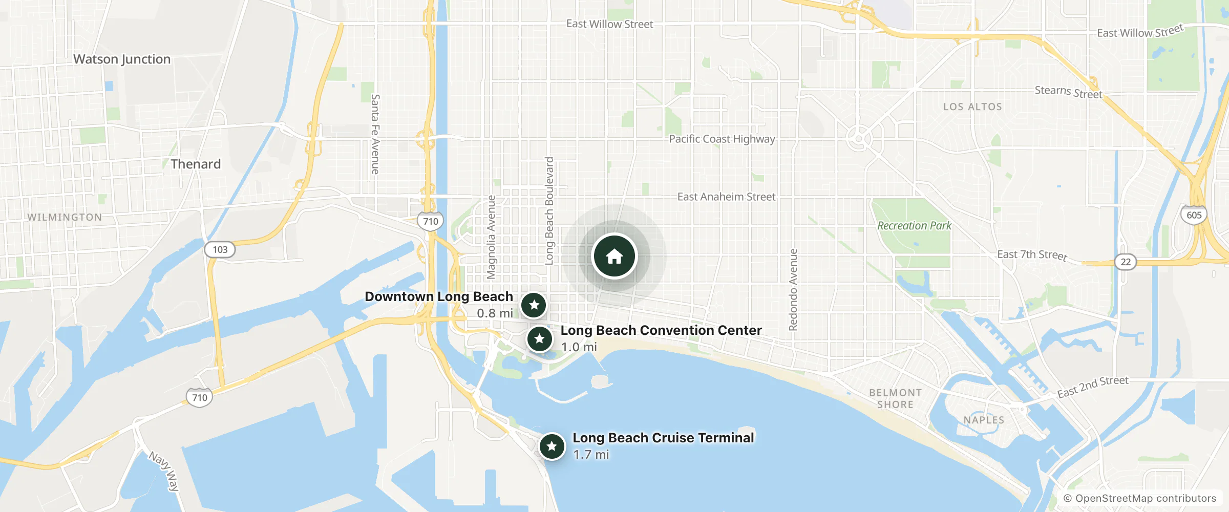 Map of Argonne Motel and nearby Downtown Long Beach, Long Beach Convention Center and Long Beach Cruise Terminal