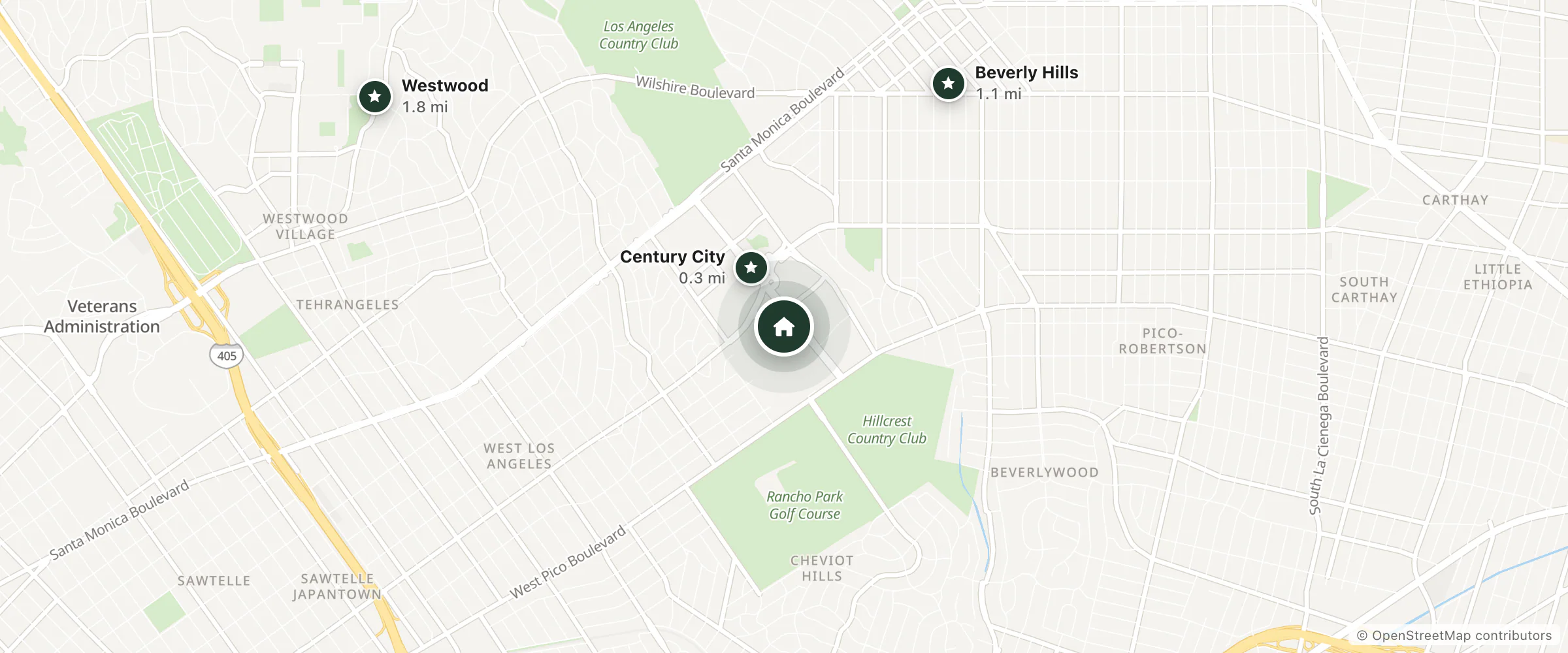 Map of Intercontinental Los Angeles Century City and nearby Century City, Beverly Hills and Westwood