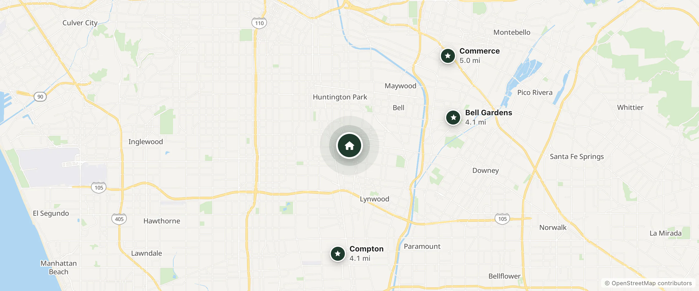 Map of Budget Inn and nearby Bell Gardens, Compton and Commerce