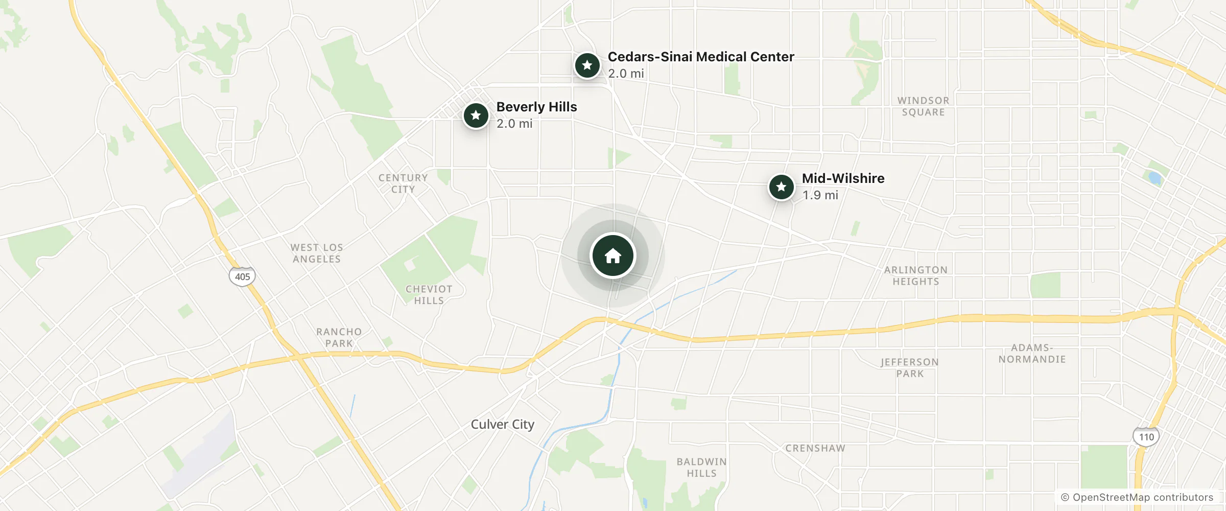 Map of La Cienega Inn Motel and nearby Mid-Wilshire, Cedars-Sinai Medical Center and Beverly Hills