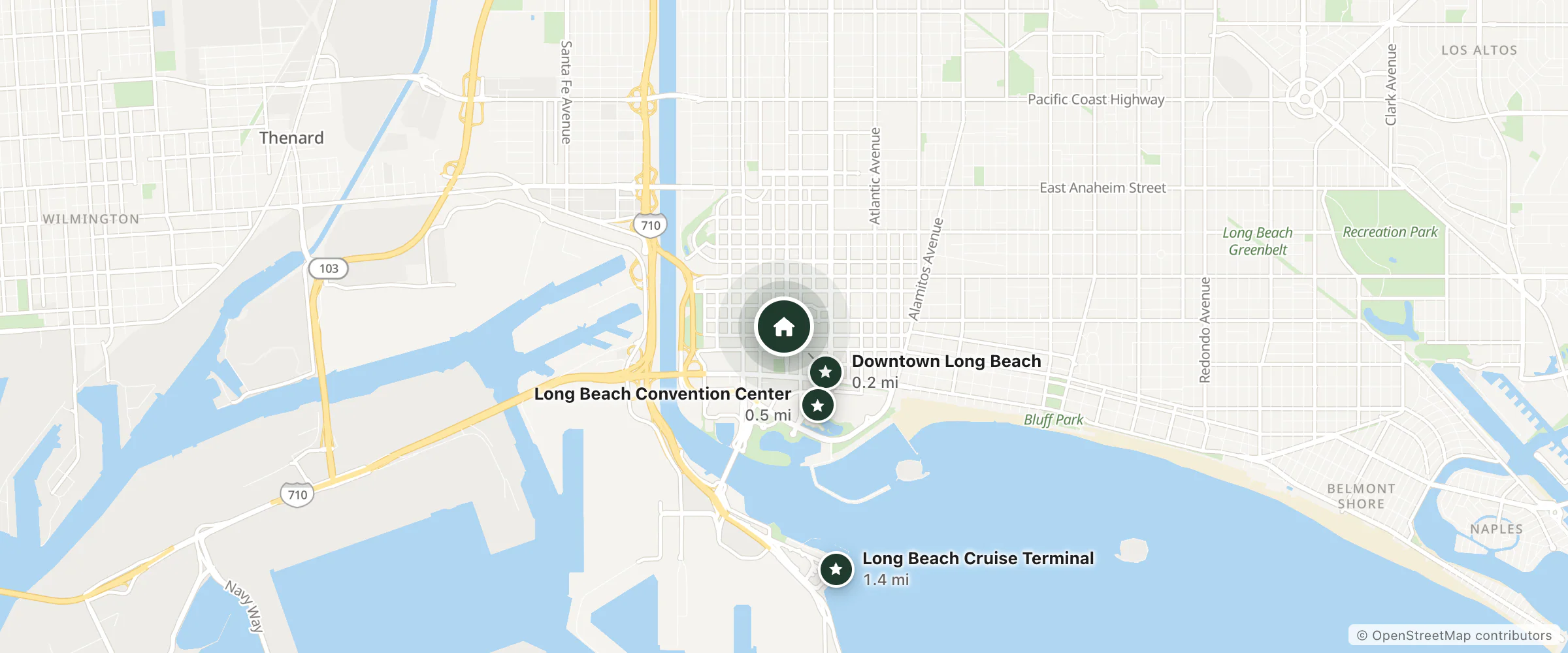 Map of The Varden Hotel and nearby Downtown Long Beach, Long Beach Convention Center and Long Beach Cruise Terminal