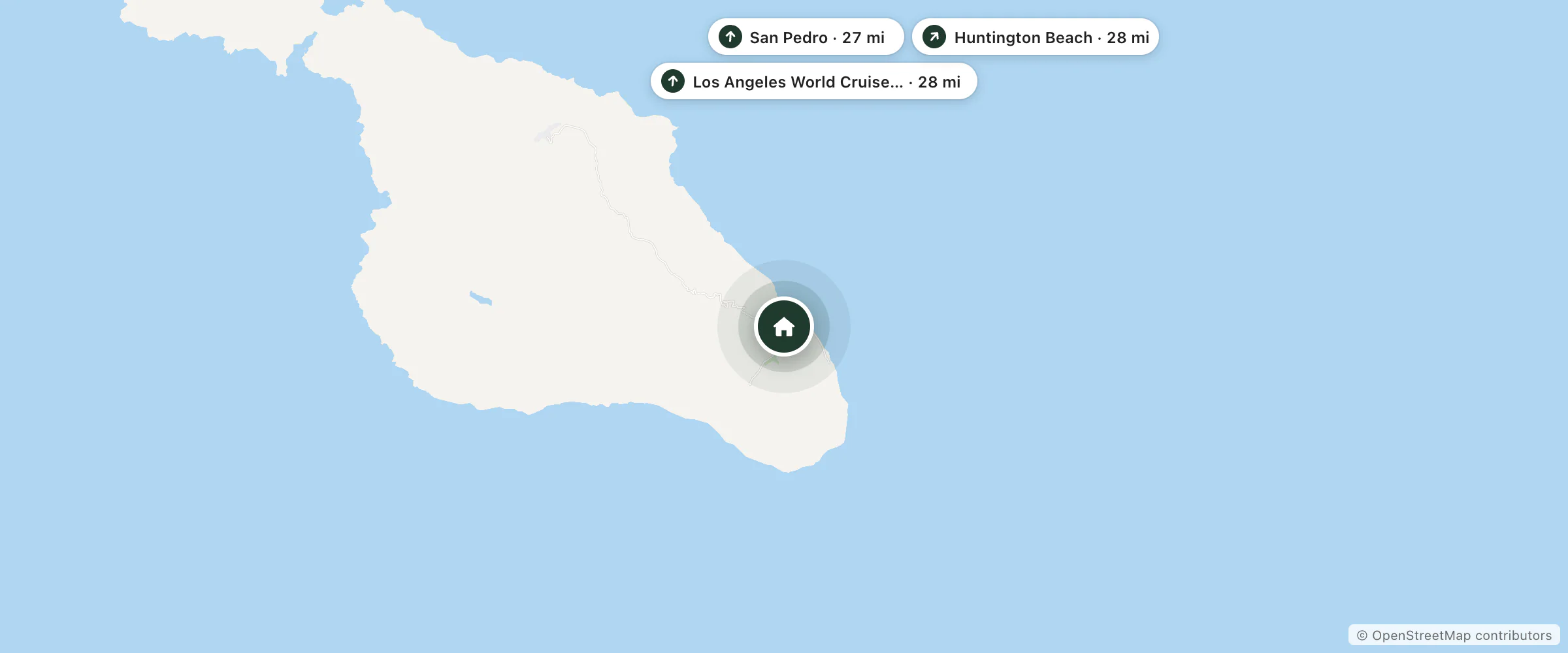Map of The Avalon Hotel on Catalina Island and nearby San Pedro, Los Angeles World Cruise Center and Huntington Beach