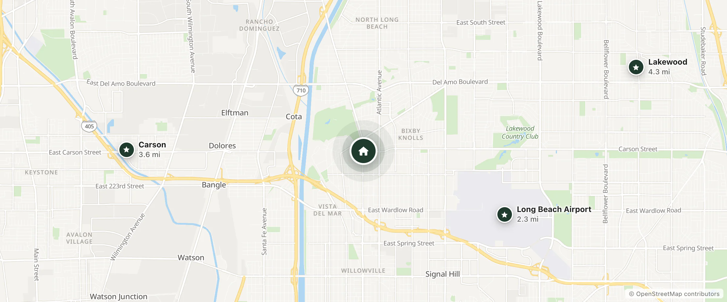 Map of Carlton Motel and nearby Long Beach Airport, Carson and Lakewood