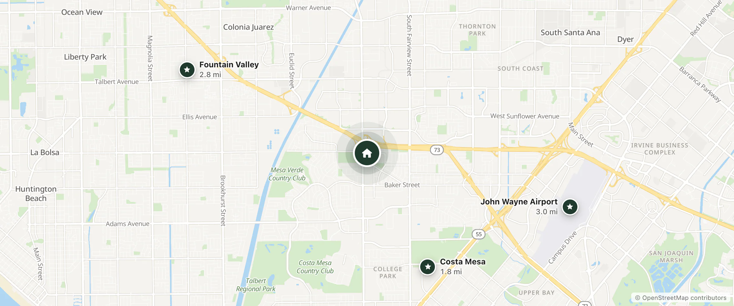 Map of Motel 6 and nearby Costa Mesa, Fountain Valley and John Wayne Airport